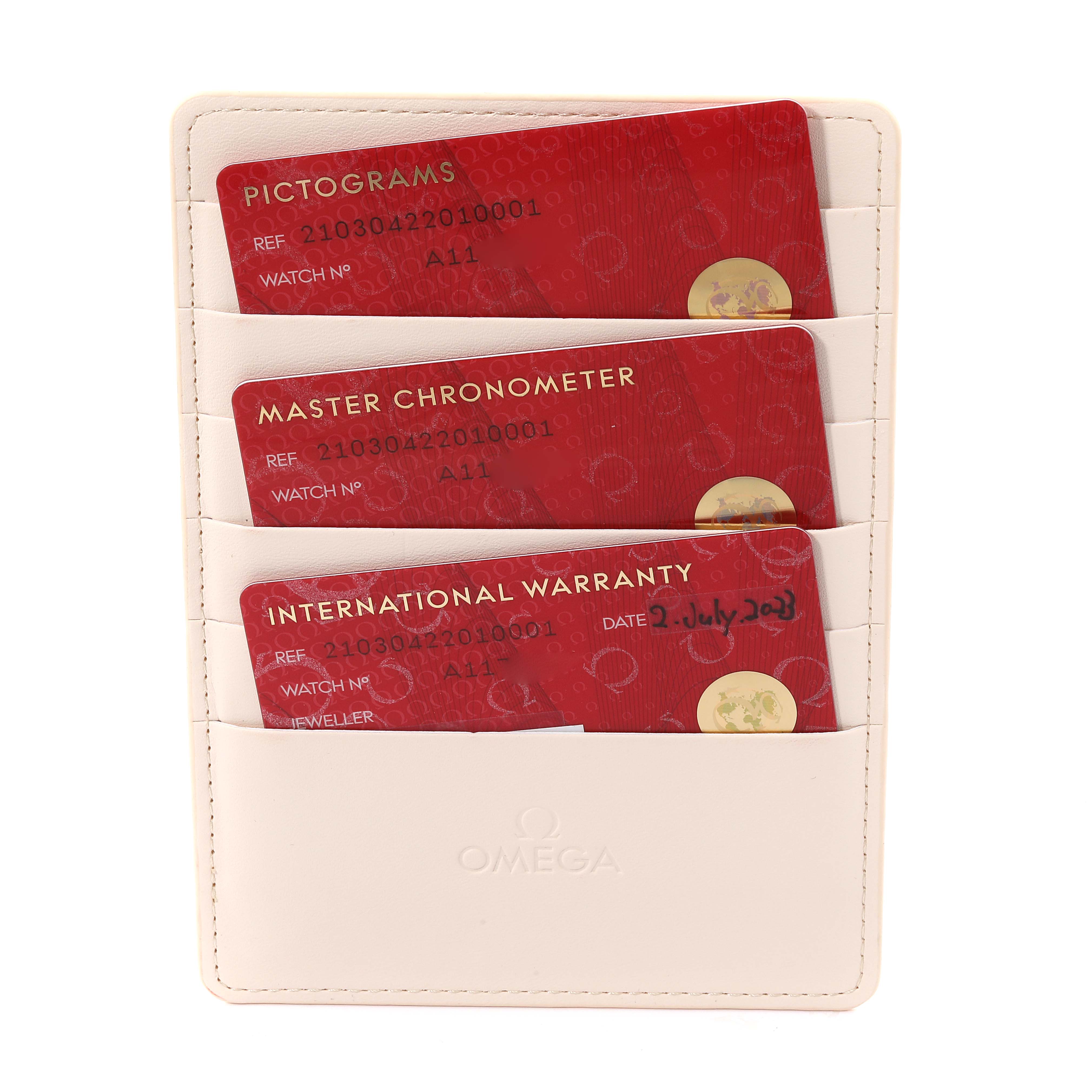 The image shows the warranty cards for an Omega Seamaster 210.30.42.20.10.001 Men's Stainless Steel Green Dial 210.30.42.20.10.001 Men's Stainless Steel Green Dial model, placed in a white cardholder.