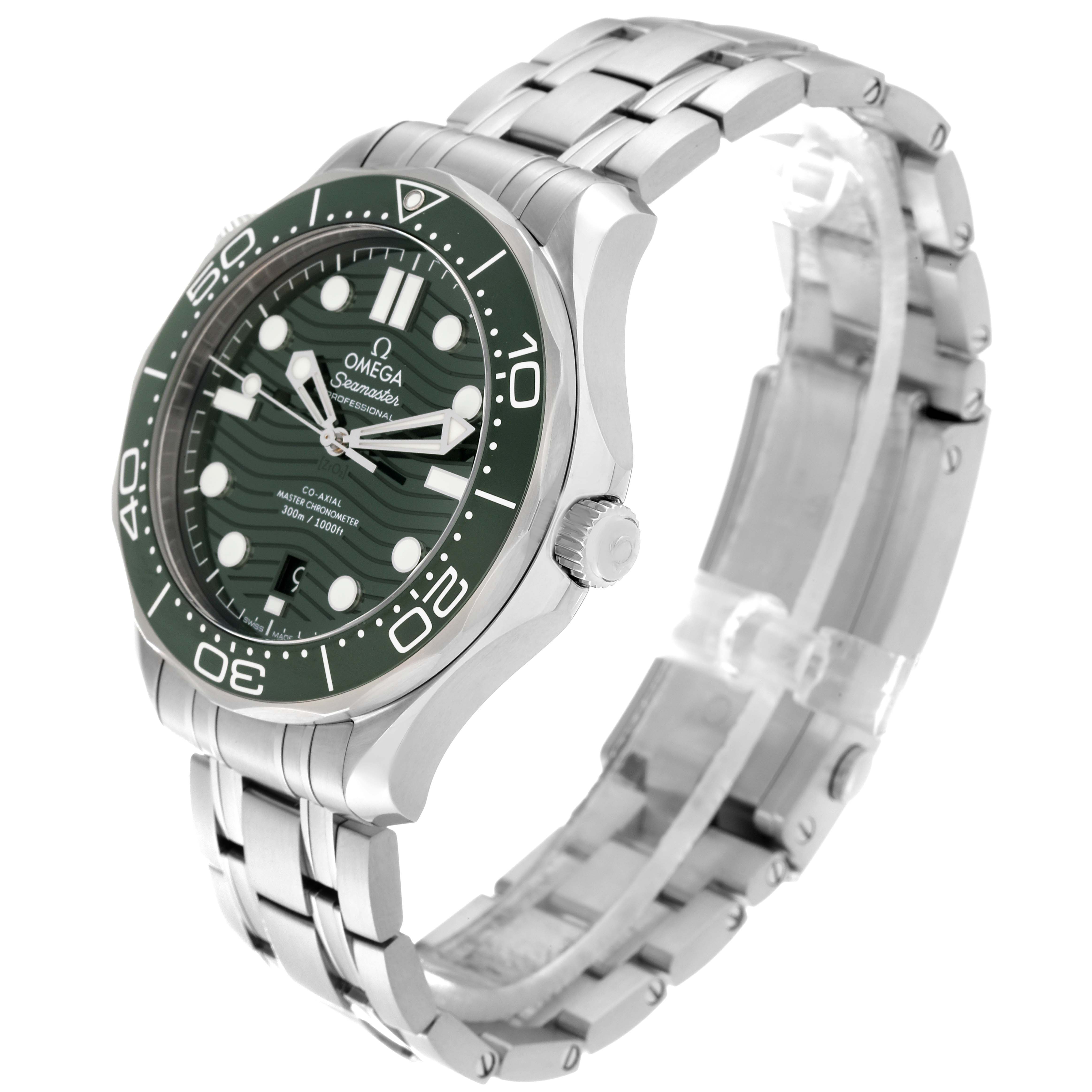The image shows a side angle of the Omega Seamaster 210.30.42.20.10.001 Men's Stainless Steel Green Dial 210.30.42.20.10.001 Men's Stainless Steel Green Dial watch, featuring its green dial, bezel, and stainless steel bracelet.
