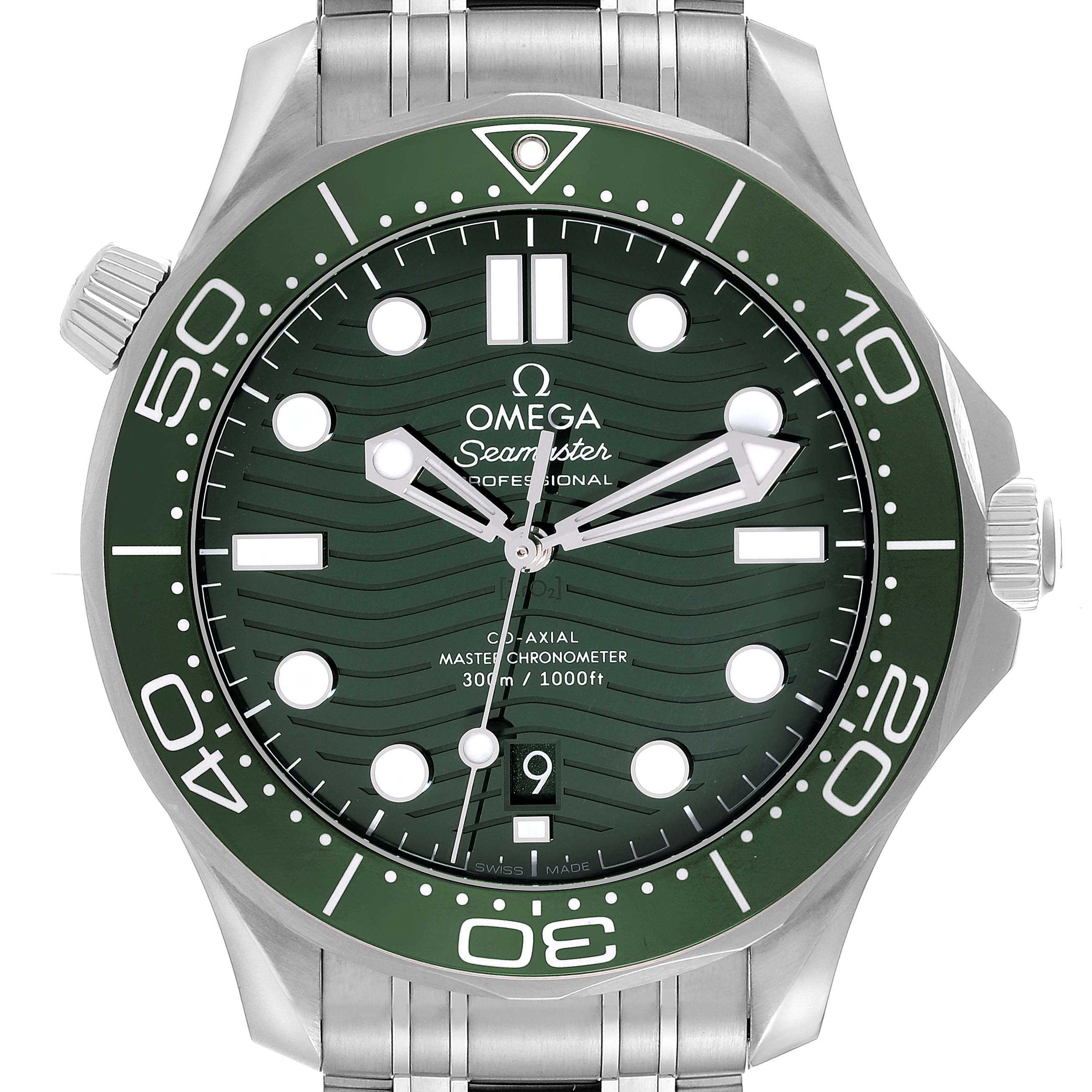 The image shows a front view of an Omega Seamaster 210.30.42.20.10.001 Men's Stainless Steel Green Dial 210.30.42.20.10.001 Men's Stainless Steel Green Dial watch with a green dial and bezel, featuring a stainless steel bracelet.