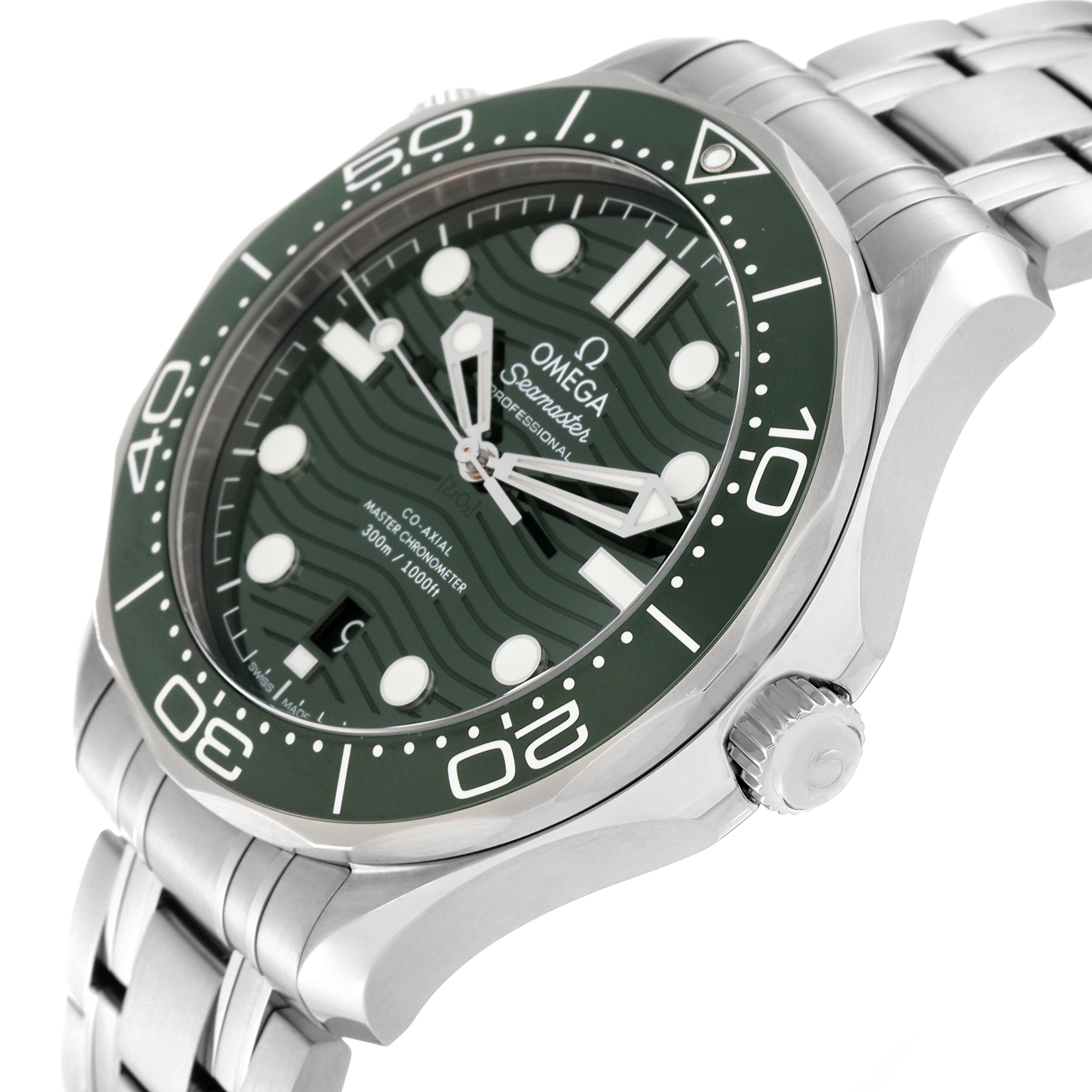 The image shows a side angle of the Omega Seamaster 210.30.42.20.10.001 Men's Stainless Steel Green Dial 210.30.42.20.10.001 Men's Stainless Steel Green Dial watch, highlighting the green dial, crown, and bezel.