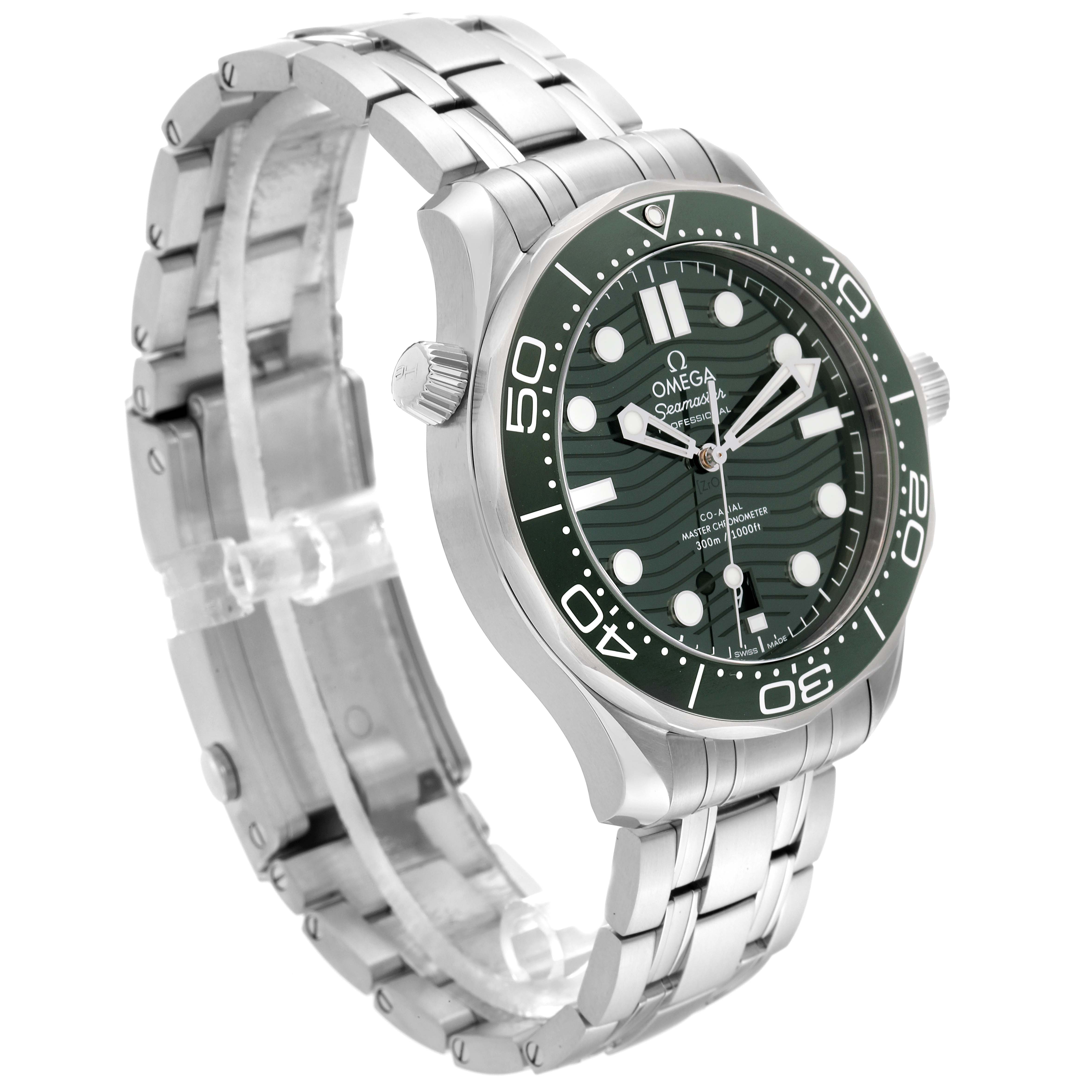 The image shows an angled side view of an Omega Seamaster 210.30.42.20.10.001 Men's Stainless Steel Green Dial 210.30.42.20.10.001 Men's Stainless Steel Green Dial watch, highlighting the face, bezel, crown, and bracelet.