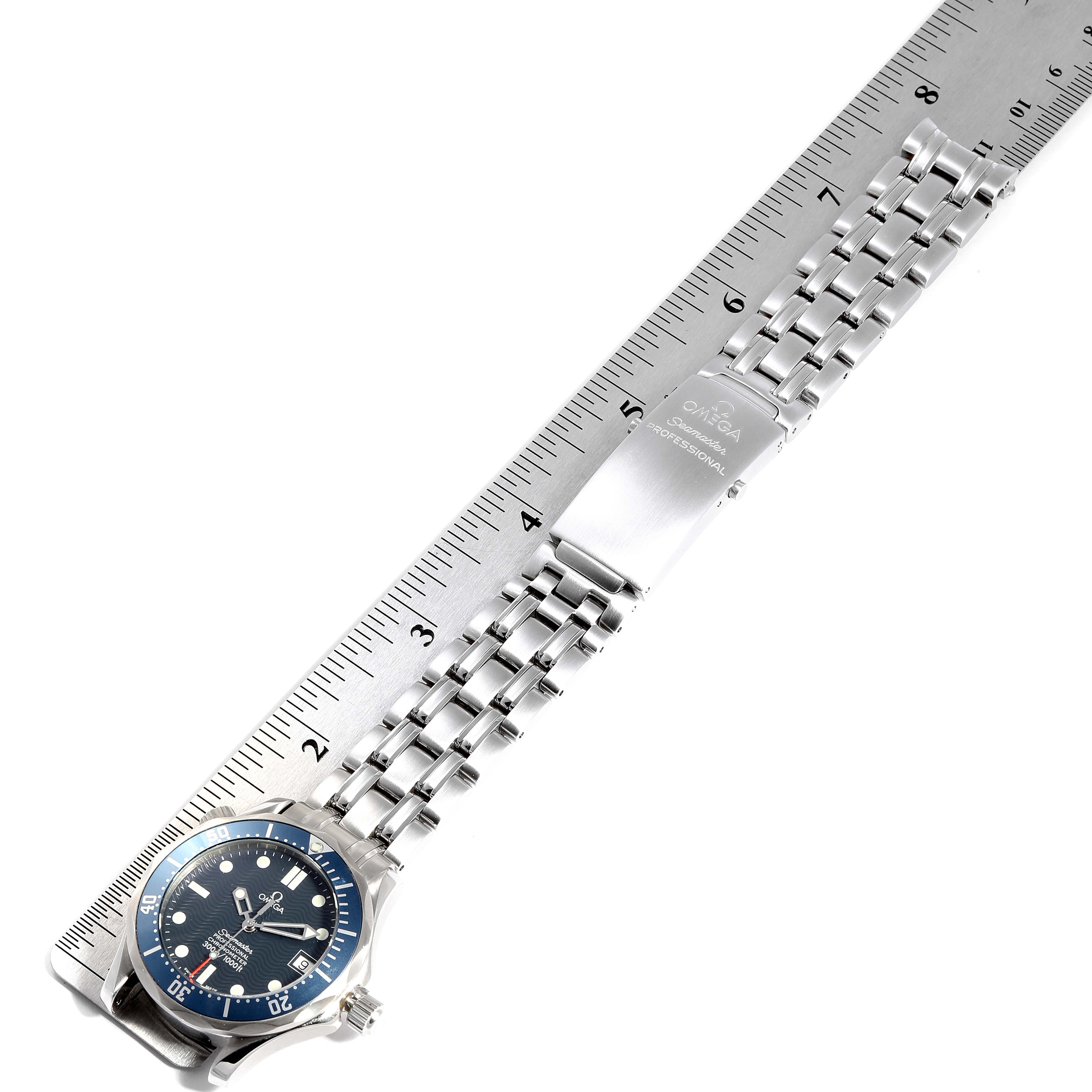 The Omega Seamaster 2551.80.00 Men
s Stainless Steel Blue Dial 2551.80.00 Men
s Stainless Steel Blue Dial watch is shown from a top angle, displaying the dial, bezel, bracelet, and clasp.