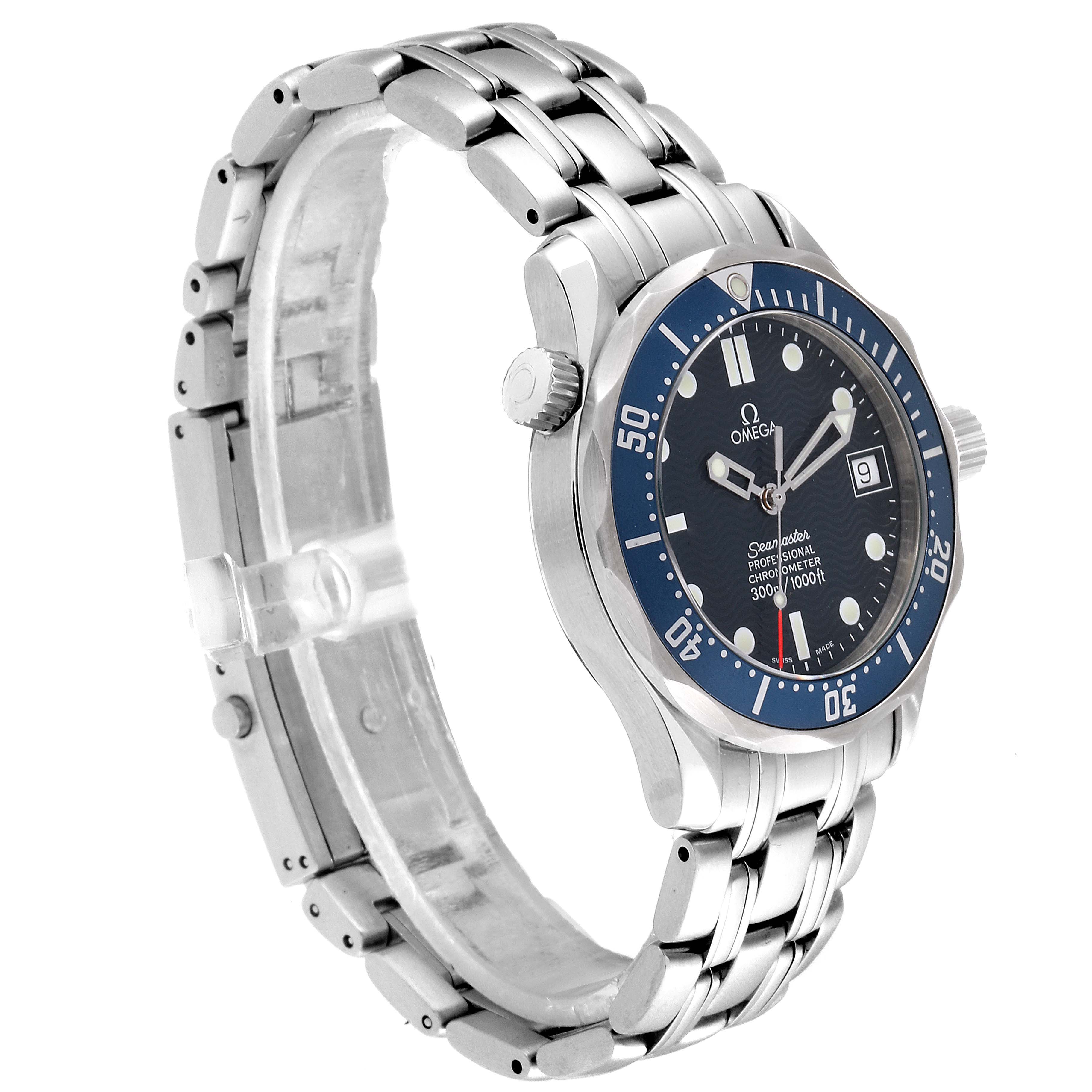 The image shows an Omega Seamaster 2551.80.00 Men
s Stainless Steel Blue Dial 2551.80.00 Men
s Stainless Steel Blue Dial watch at a slight angle, highlighting its face, bezel, crown, and stainless steel bracelet.