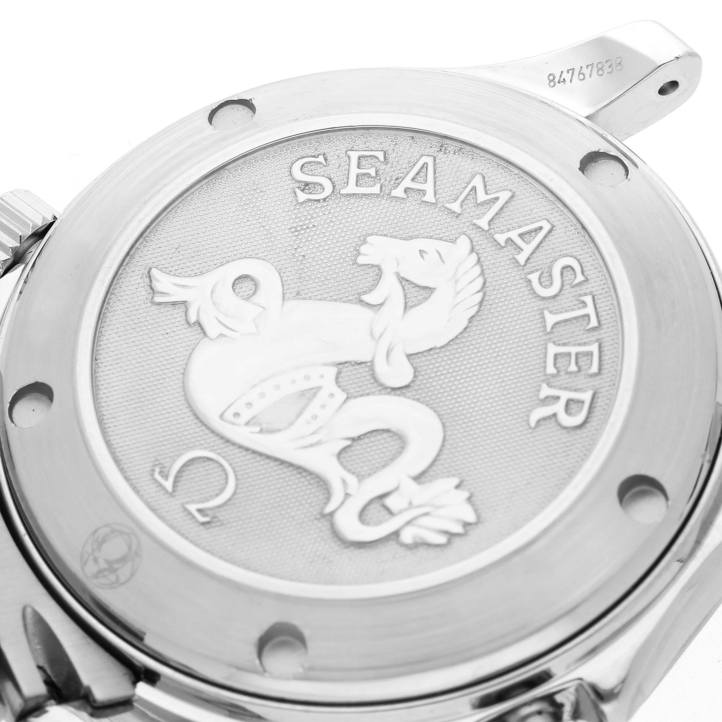 The image shows the back case of an Omega Seamaster 2222.80.00 Men
s Stainless Steel Blue Dial 2222.80.00 Men
s Stainless Steel Blue Dial watch, featuring an engraved emblem and brand marking.