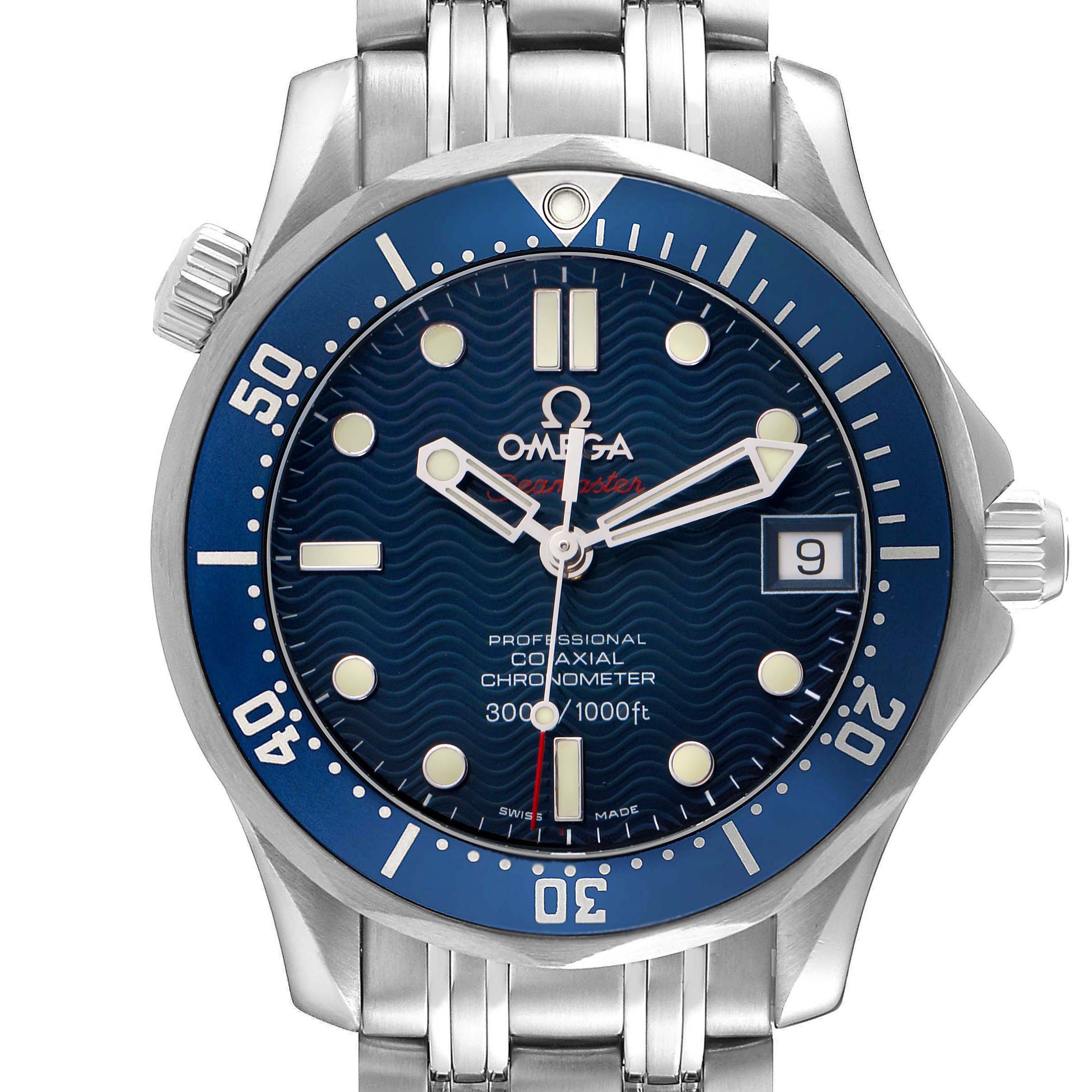 The Omega Seamaster 2222.80.00 Men
s Stainless Steel Blue Dial 2222.80.00 Men
s Stainless Steel Blue Dial watch is shown from the front, displaying the dial, bezel, and part of the bracelet.