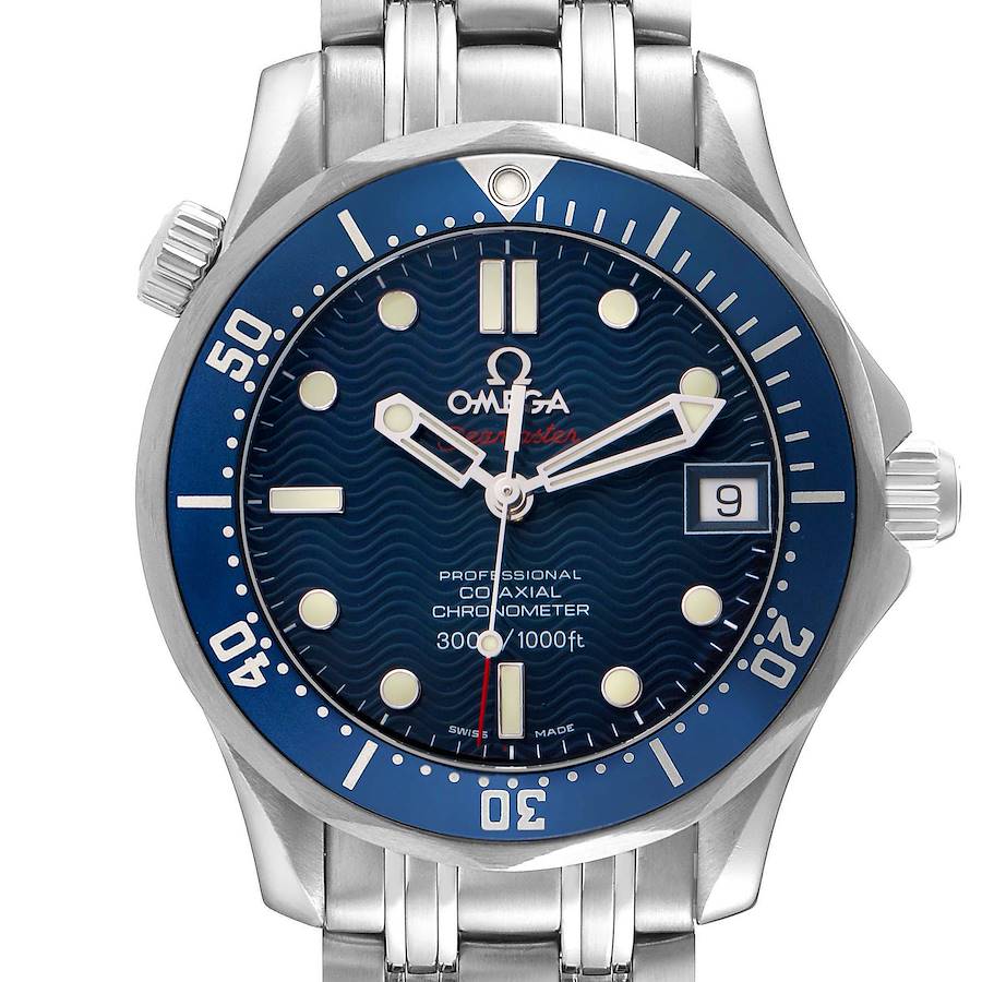 The Omega Seamaster watch is shown from the front, displaying the dial, bezel, and part of the bracelet.