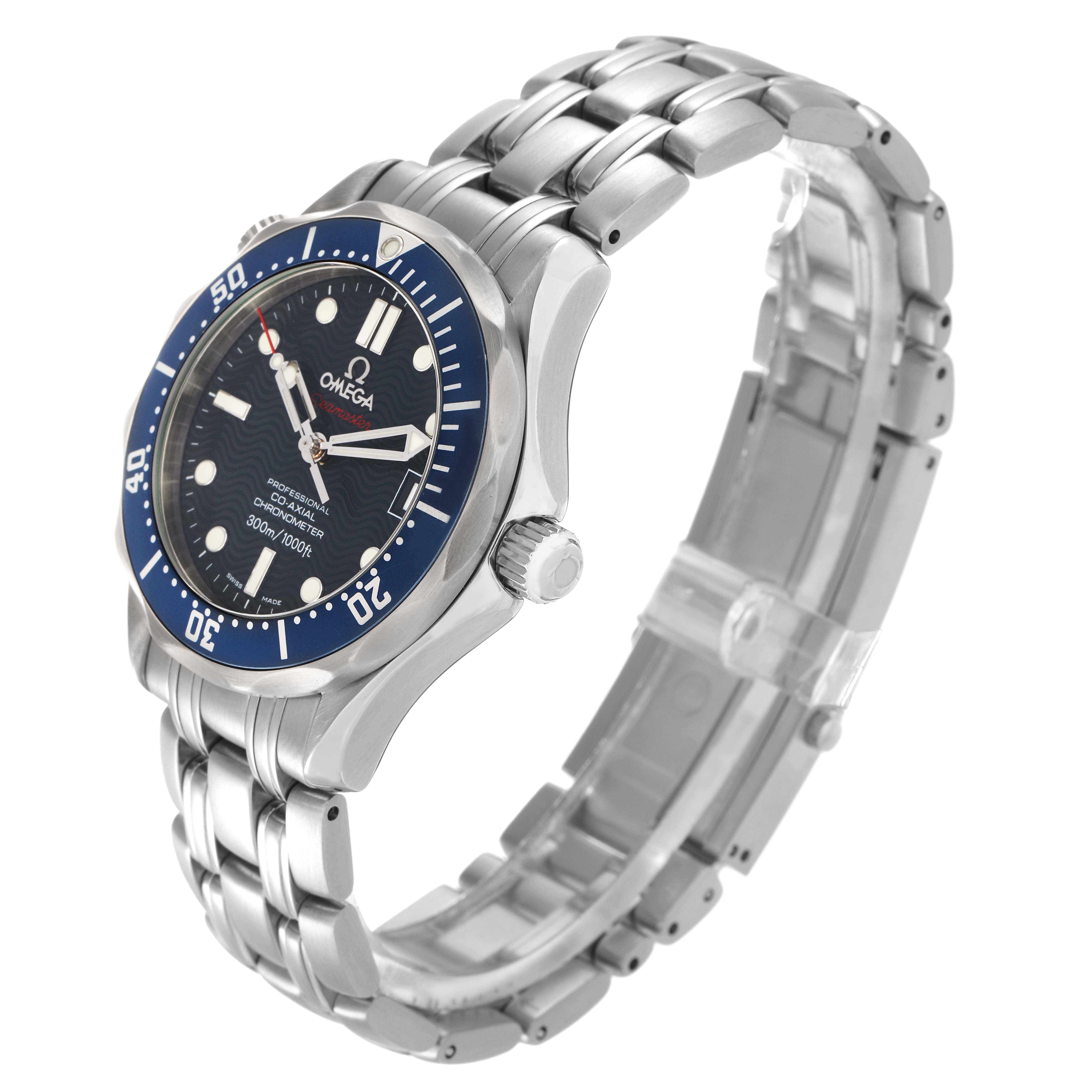 The Omega Seamaster 2222.80.00 Men
s Stainless Steel Blue Dial 2222.80.00 Men
s Stainless Steel Blue Dial watch is shown at a slight side angle, highlighting the face, bezel, crown, and metal bracelet.