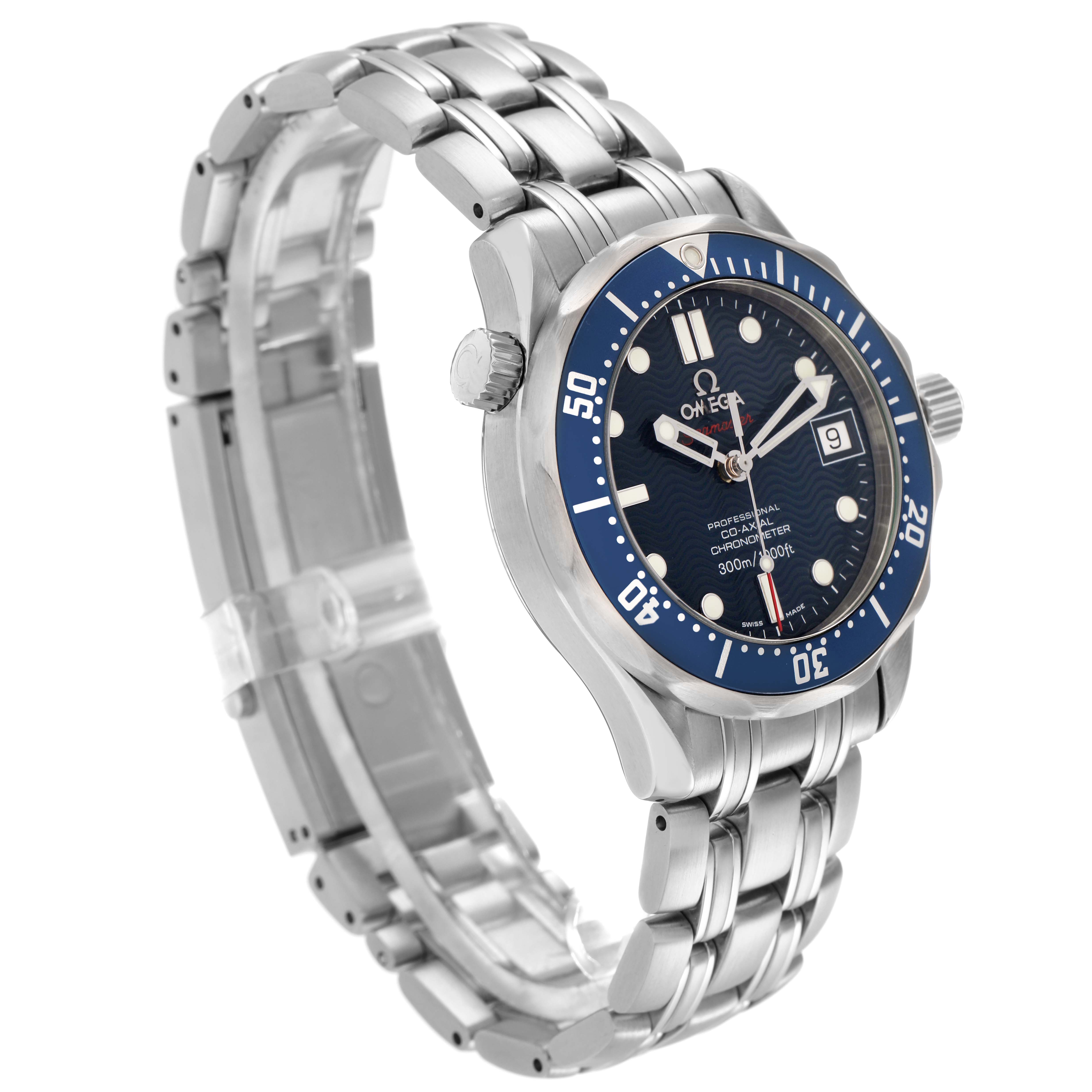 The Omega Seamaster 2222.80.00 Men
s Stainless Steel Blue Dial 2222.80.00 Men
s Stainless Steel Blue Dial watch is shown at a three-quarter angle, highlighting the face, crown, and stainless steel bracelet.
