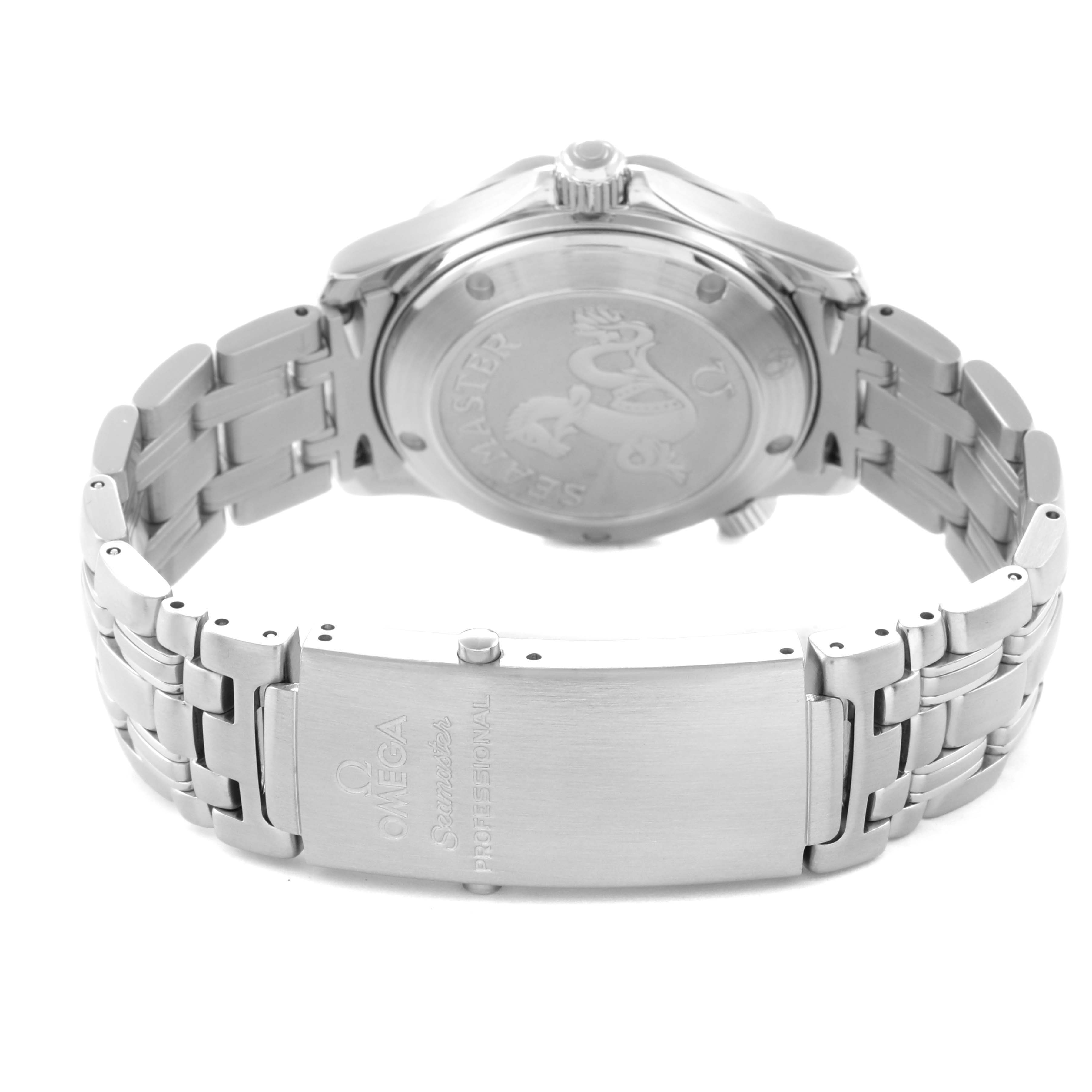 The Omega Seamaster 2222.80.00 Men
s Stainless Steel Blue Dial 2222.80.00 Men
s Stainless Steel Blue Dial watch is shown from the back, highlighting the case back and full bracelet with clasp.