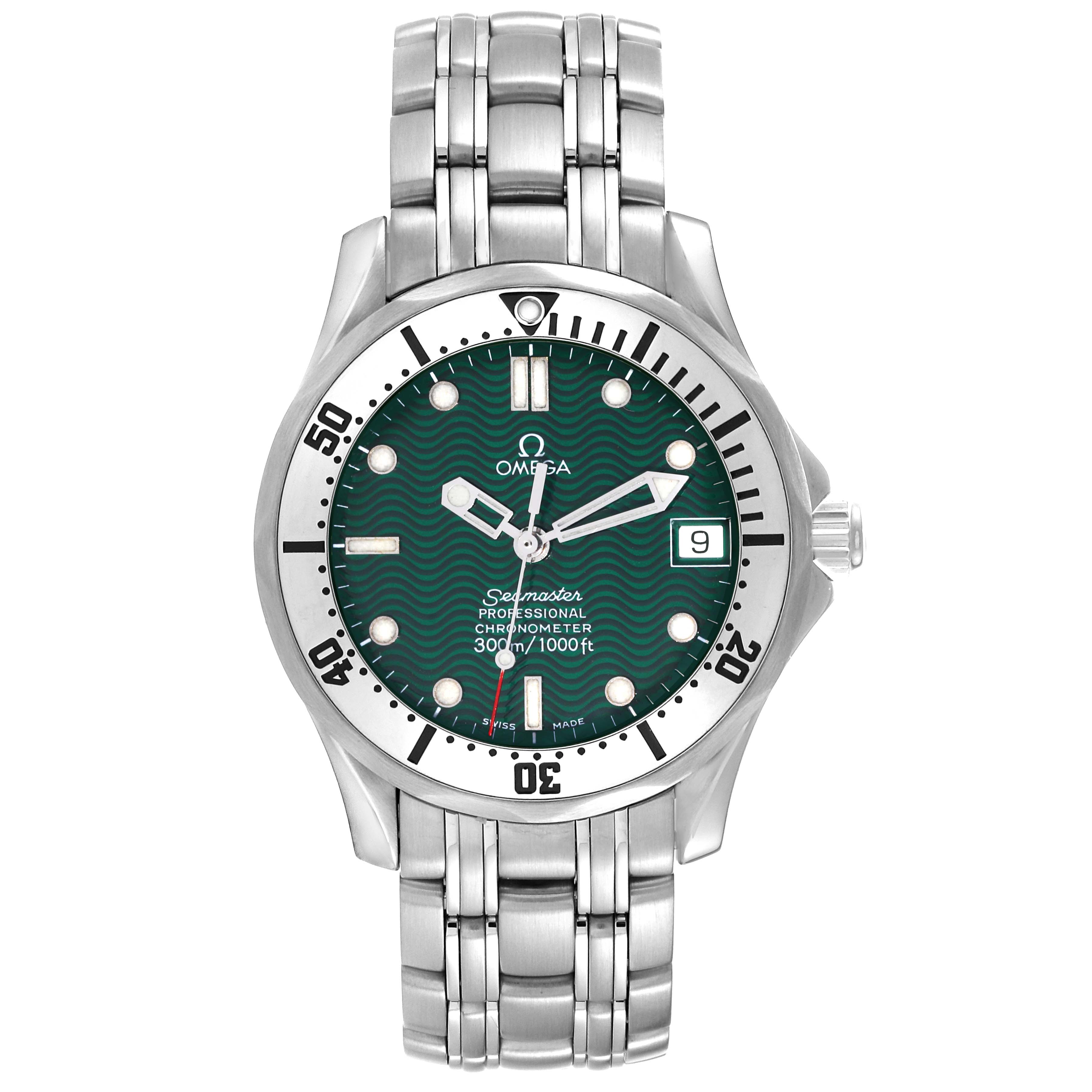 The watch is an Omega Seamaster 2553.41.00 Men's Stainless Steel Green Dial 2553.41.00 Men's Stainless Steel Green Dial model, shown from the front with its full dial and bracelet visible.