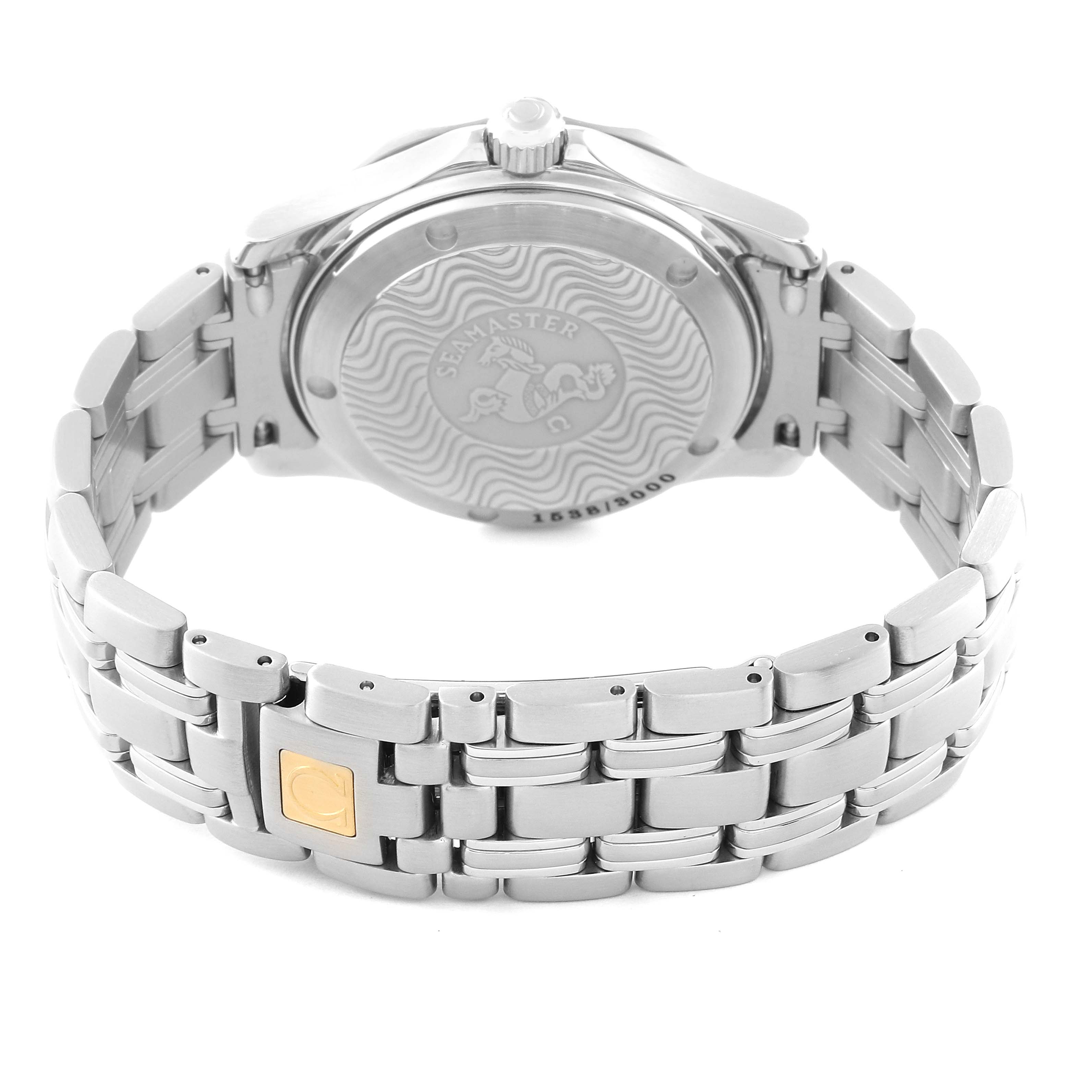 This image shows a rear view of the Omega Seamaster 2553.41.00 Men's Stainless Steel Green Dial 2553.41.00 Men's Stainless Steel Green Dial watch, highlighting its case back and stainless steel bracelet with a gold accent.