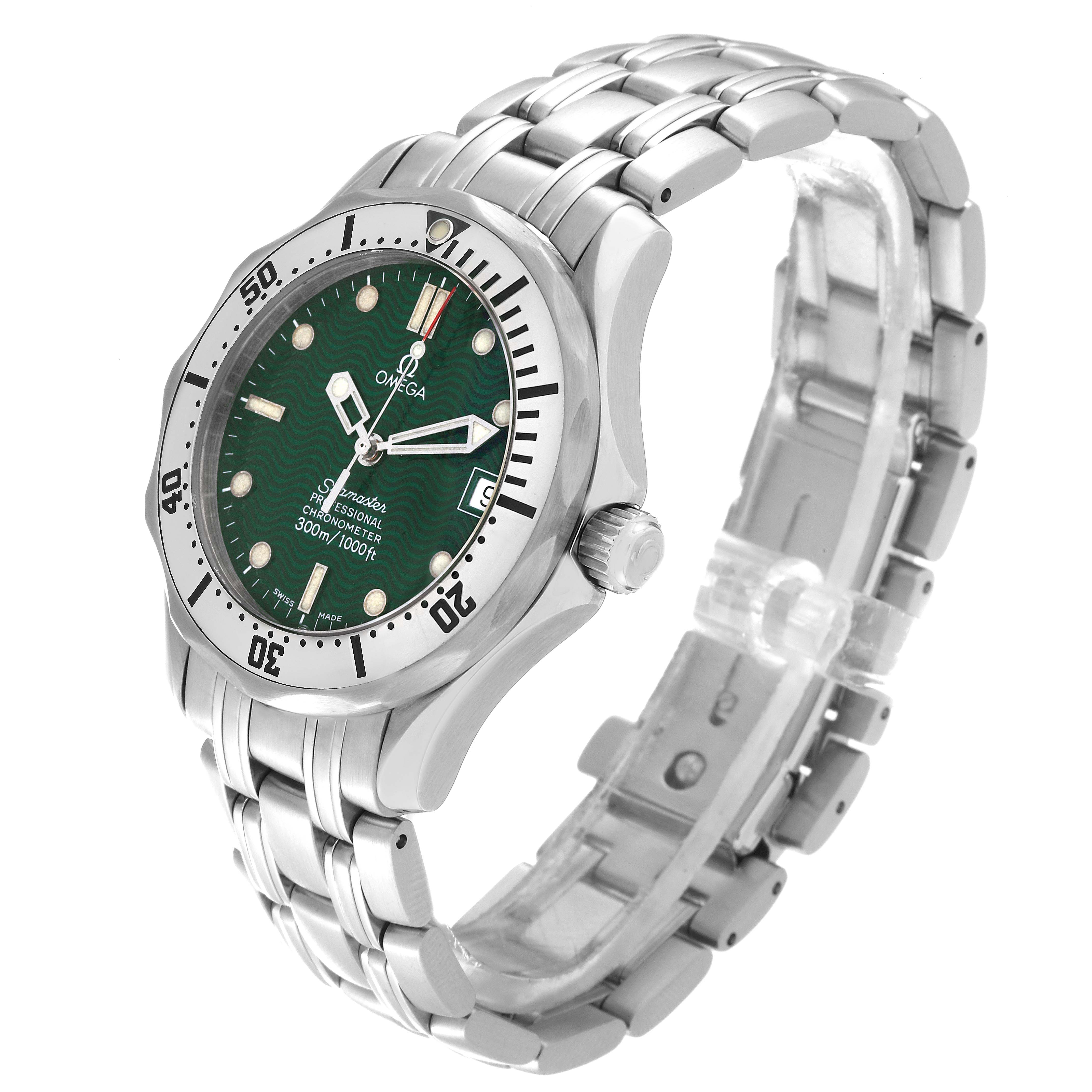 This image shows an angled view of the Omega Seamaster 2553.41.00 Men's Stainless Steel Green Dial 2553.41.00 Men's Stainless Steel Green Dial watch, displaying the dial, bezel, crown, and stainless steel bracelet.
