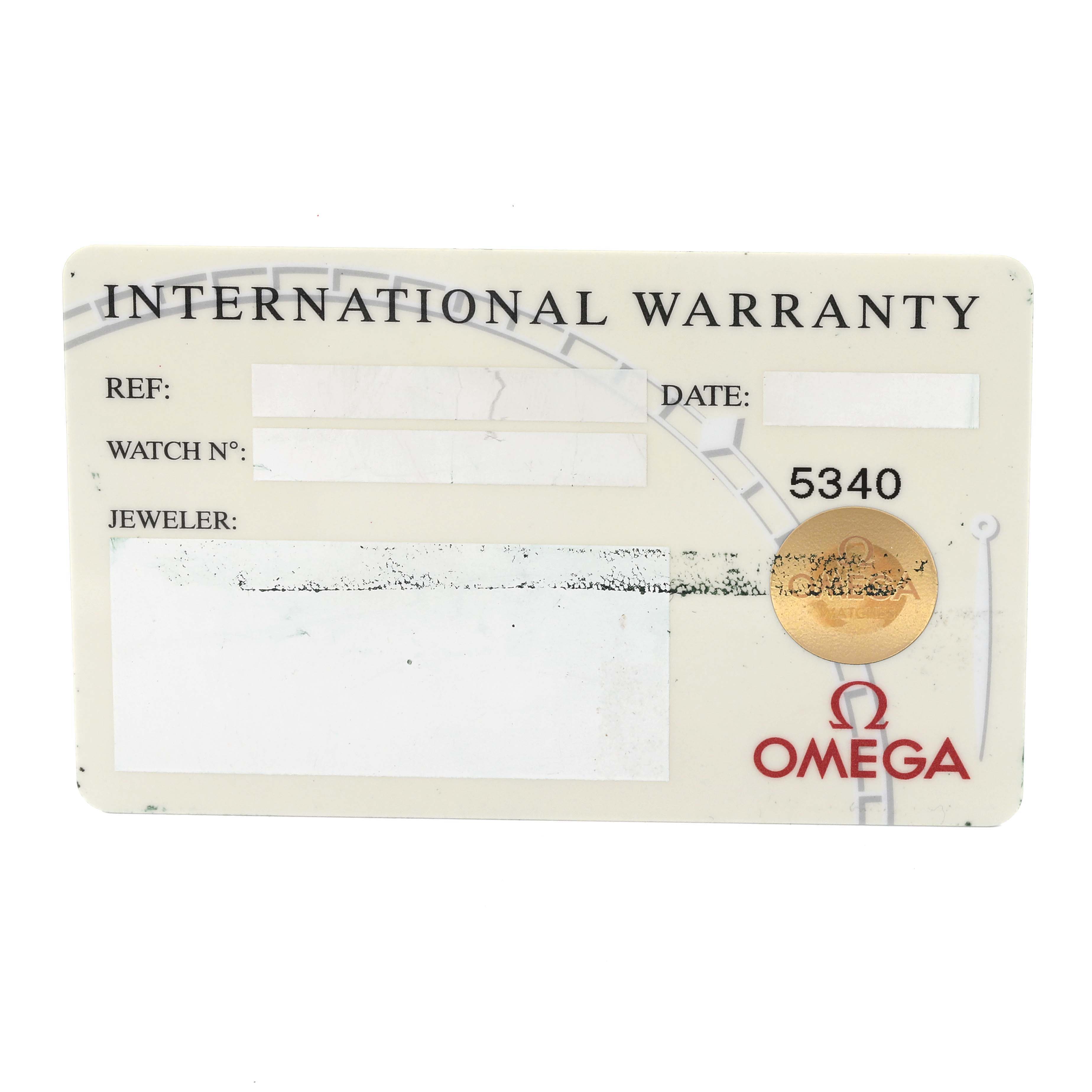 The image shows an Omega international warranty card for the Seamaster model, displaying fields for reference, date, watch number, and jeweler.