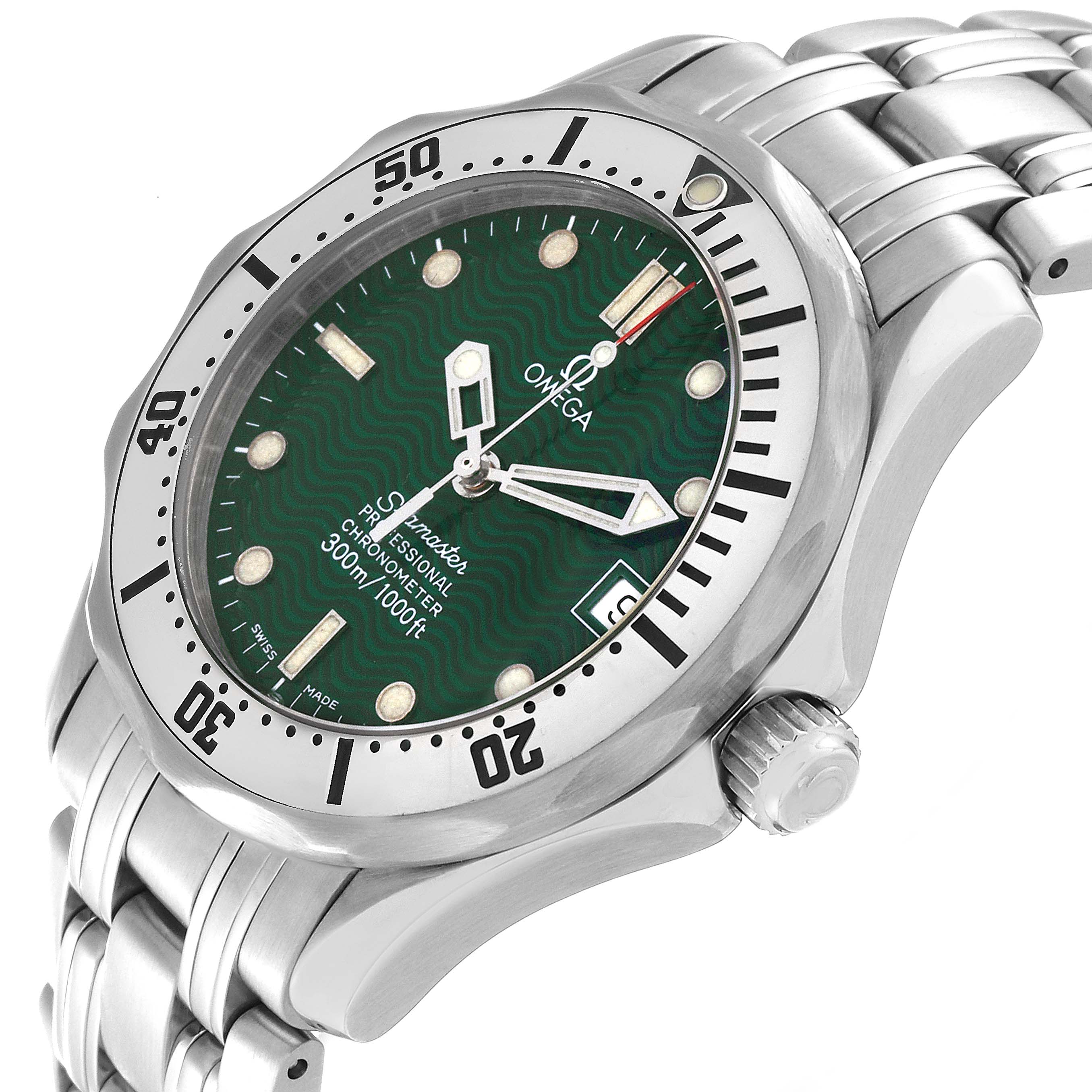 The Omega Seamaster 2553.41.00 Men's Stainless Steel Green Dial 2553.41.00 Men's Stainless Steel Green Dial watch is shown at an oblique angle, highlighting the green dial, bezel, crown, and silver bracelet.