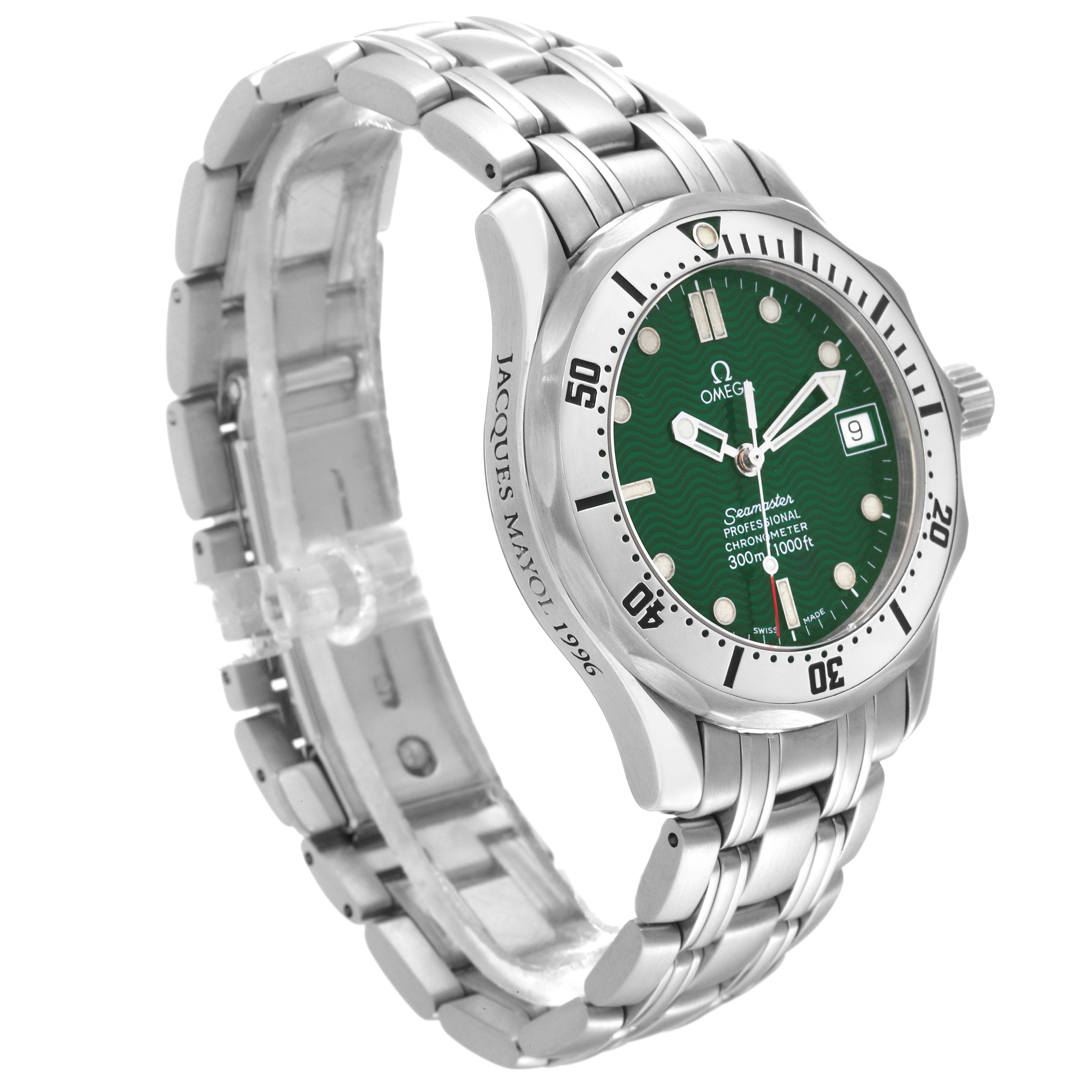 The image shows an Omega Seamaster 2553.41.00 Men's Stainless Steel Green Dial 2553.41.00 Men's Stainless Steel Green Dial watch at a three-quarter angle, displaying the dial, bezel, crown, and bracelet.