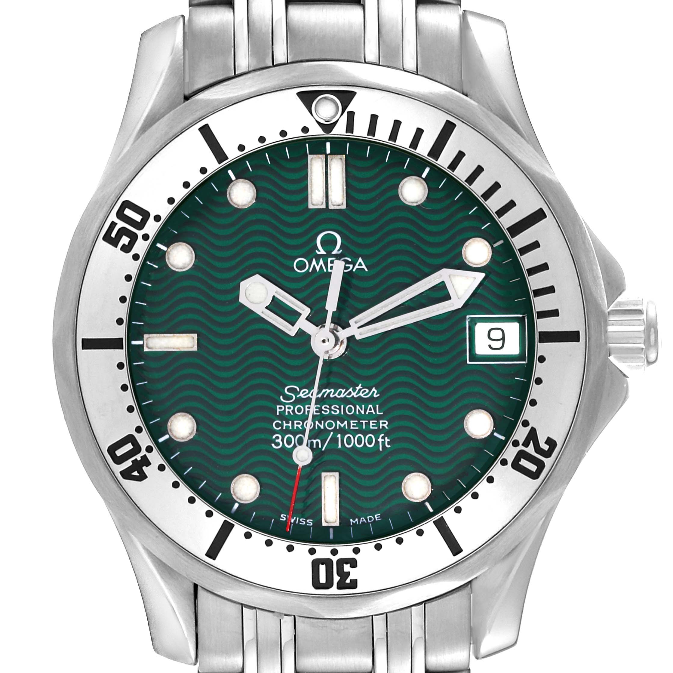 The image shows a front view of an Omega Seamaster 2553.41.00 Men's Stainless Steel Green Dial 2553.41.00 Men's Stainless Steel Green Dial watch, highlighting the dial, bezel, and part of the bracelet.
