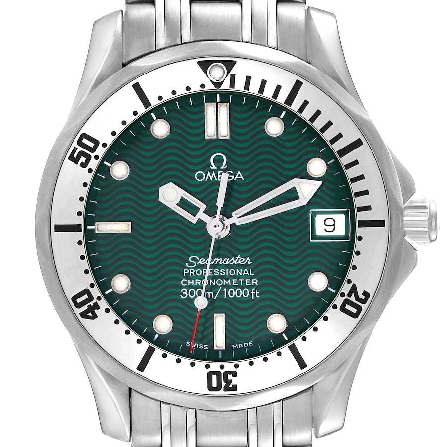 The image shows a front view of an Omega Seamaster watch, highlighting the dial, bezel, and part of the bracelet.