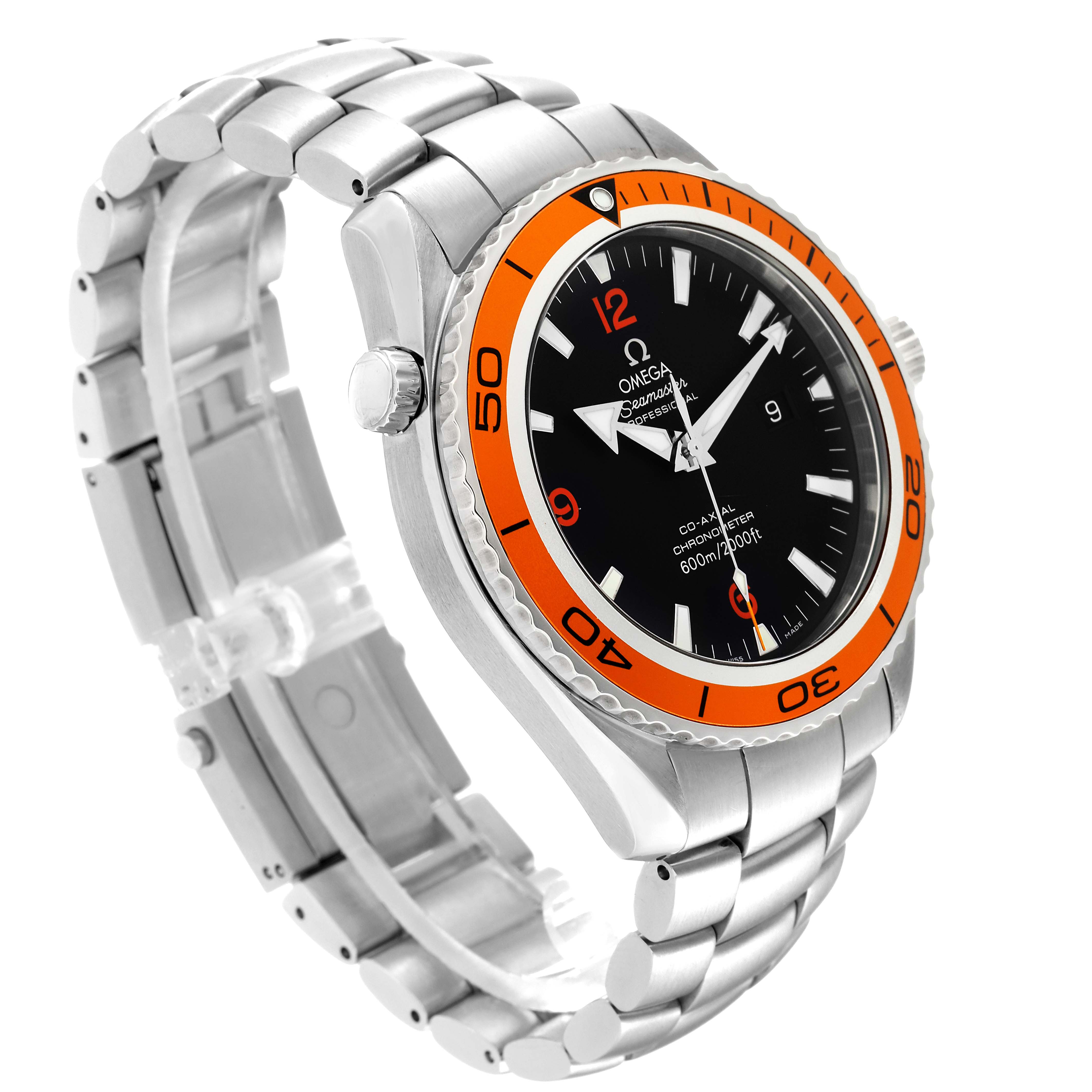 The Omega Planet Ocean 2208.50.00 Men
s Stainless Steel Black Dial 2208.50.00 Men
s Stainless Steel Black Dial watch is shown at a three-quarter angle, revealing the face, bezel, crown, and stainless steel bracelet.