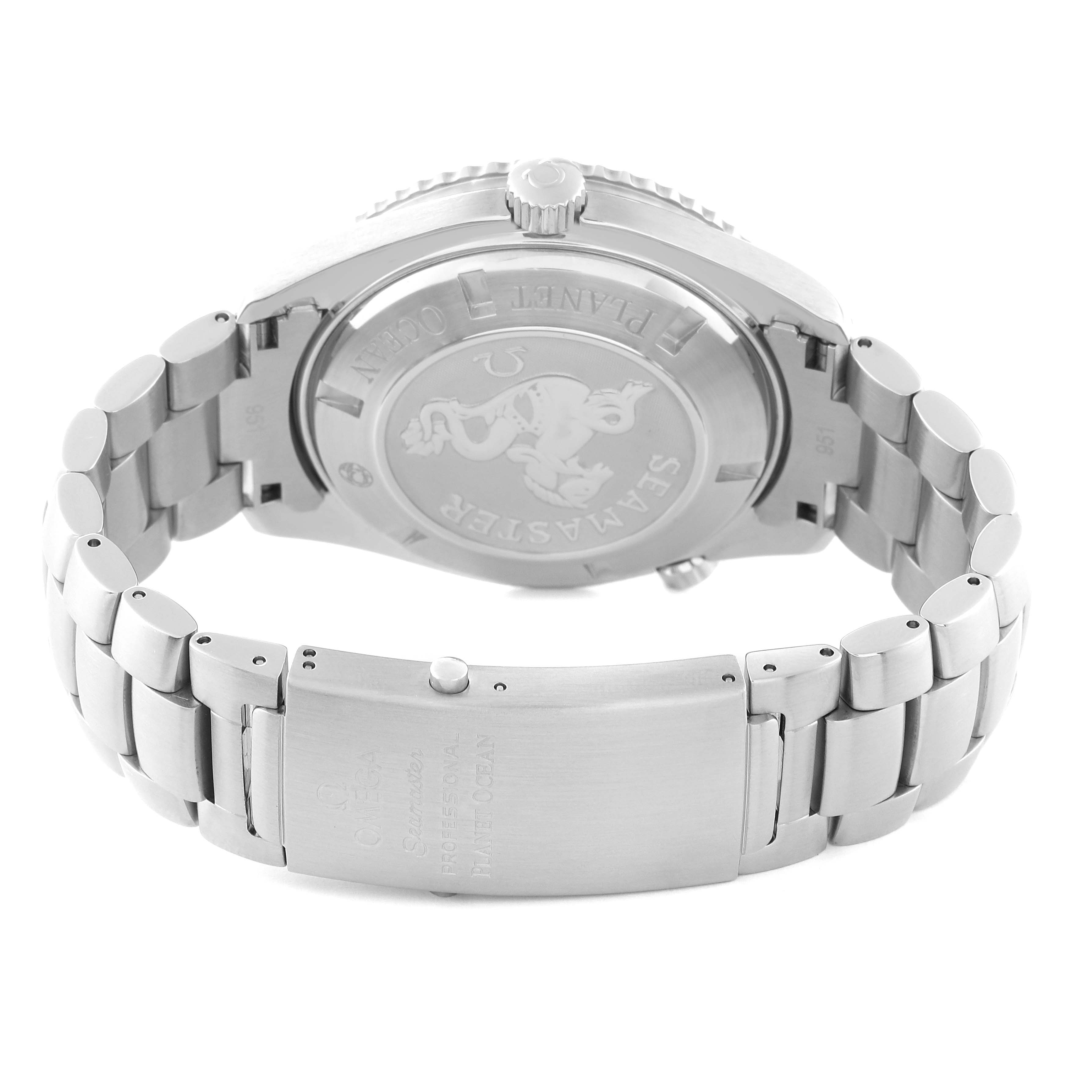 The image shows the back case and metal bracelet of the Omega Planet Ocean 2208.50.00 Men
s Stainless Steel Black Dial 2208.50.00 Men
s Stainless Steel Black Dial watch, highlighting the clasp and engraving.