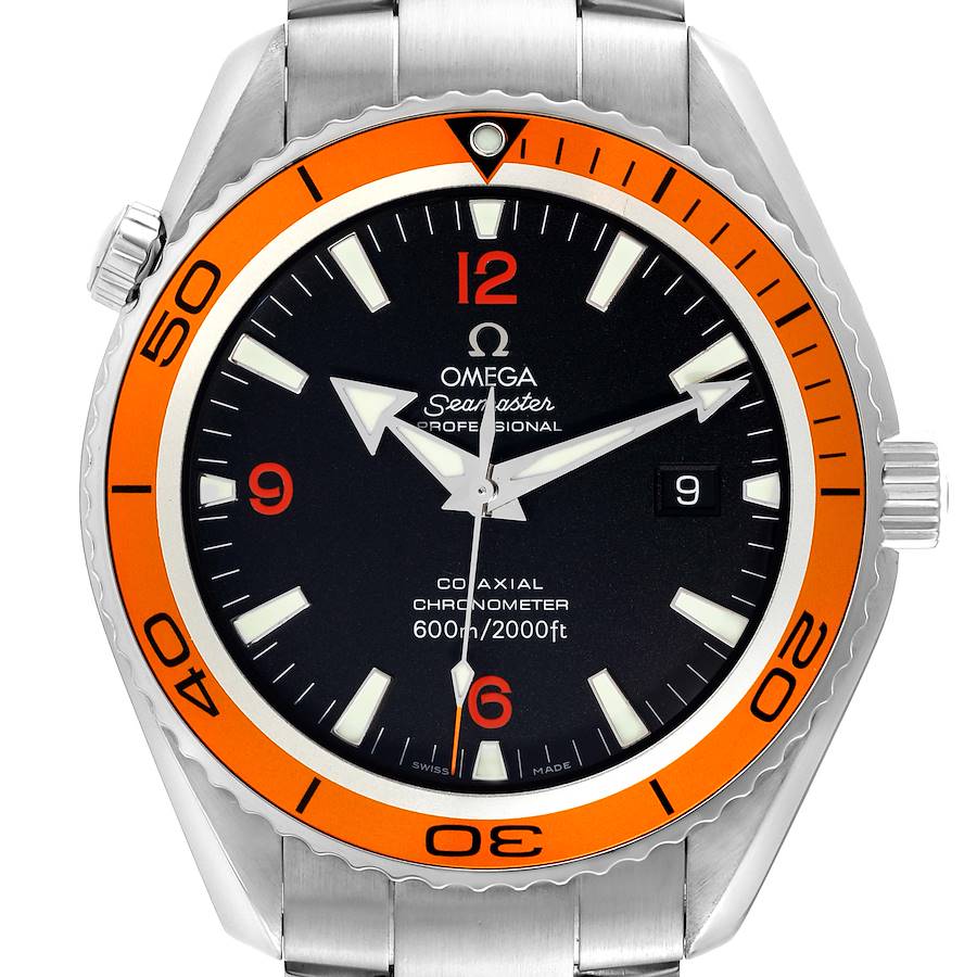 This image shows a front view of the Omega Planet Ocean Seamaster watch, showcasing its dial, bezel, and bracelet.