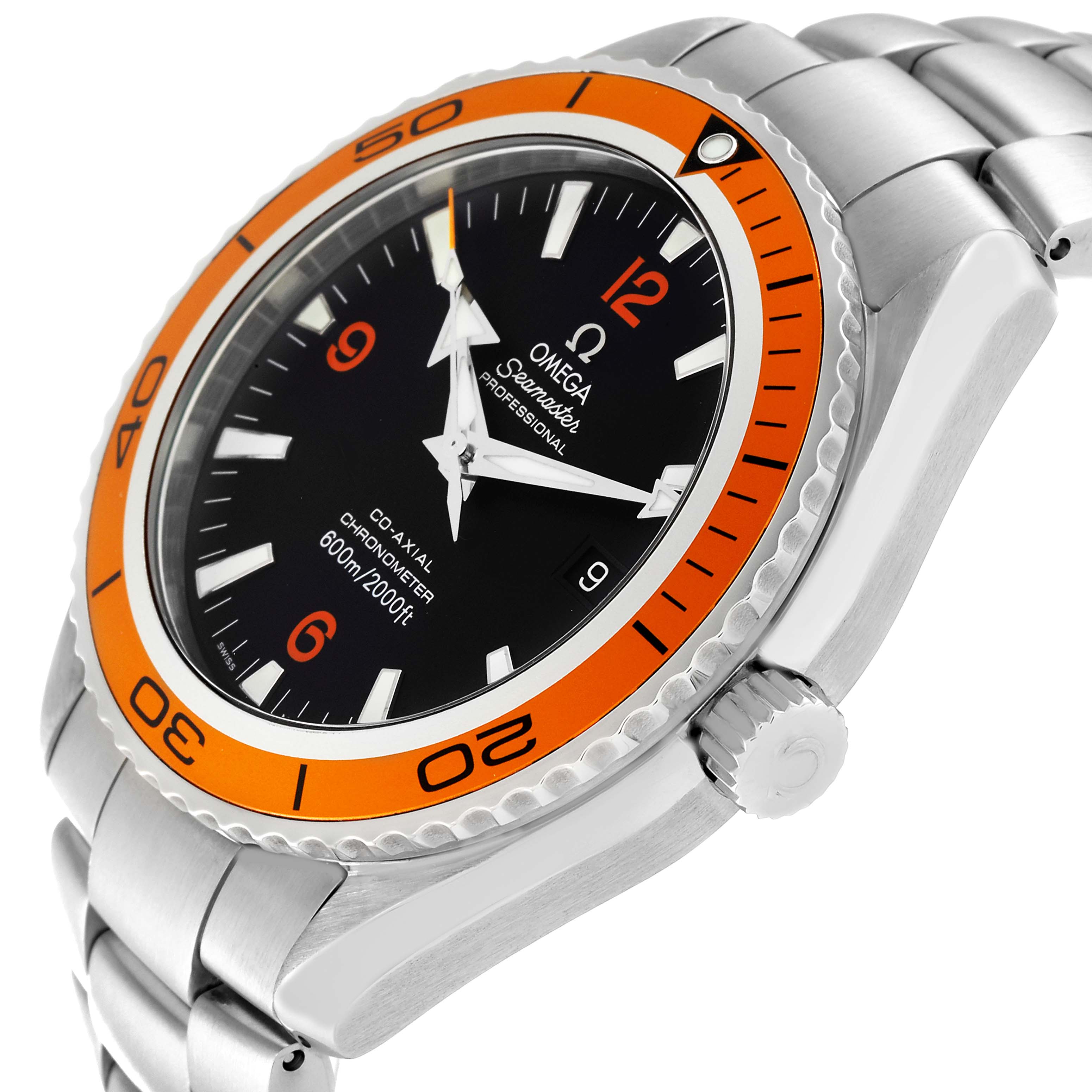 The image shows an angled view of the Omega Planet Ocean 2208.50.00 Men
s Stainless Steel Black Dial 2208.50.00 Men
s Stainless Steel Black Dial watch, highlighting its dial, orange bezel, and stainless steel bracelet.