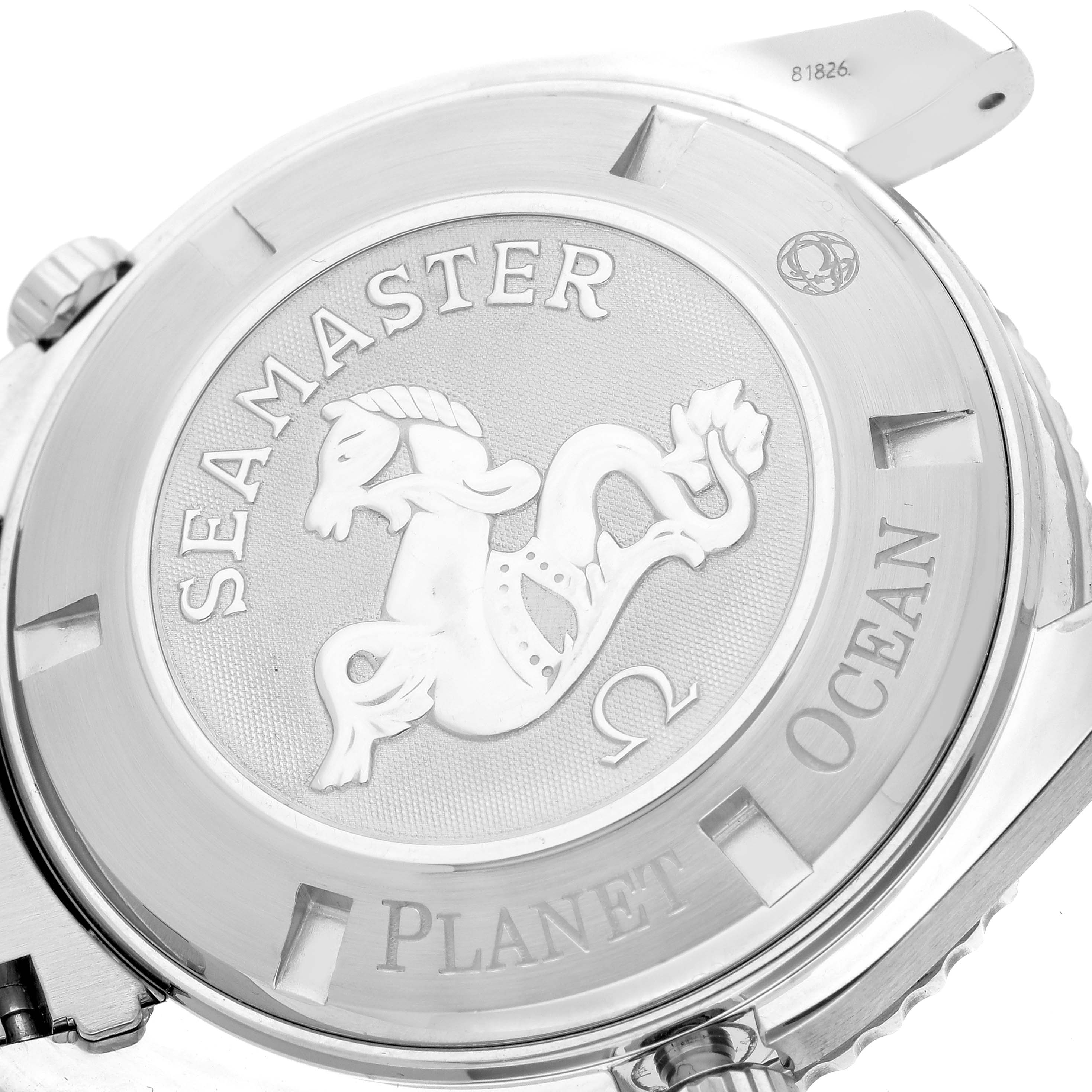 The image shows the back case of an Omega Planet Ocean 2208.50.00 Men
s Stainless Steel Black Dial 2208.50.00 Men
s Stainless Steel Black Dial Seamaster watch, featuring its emblem and detailing.