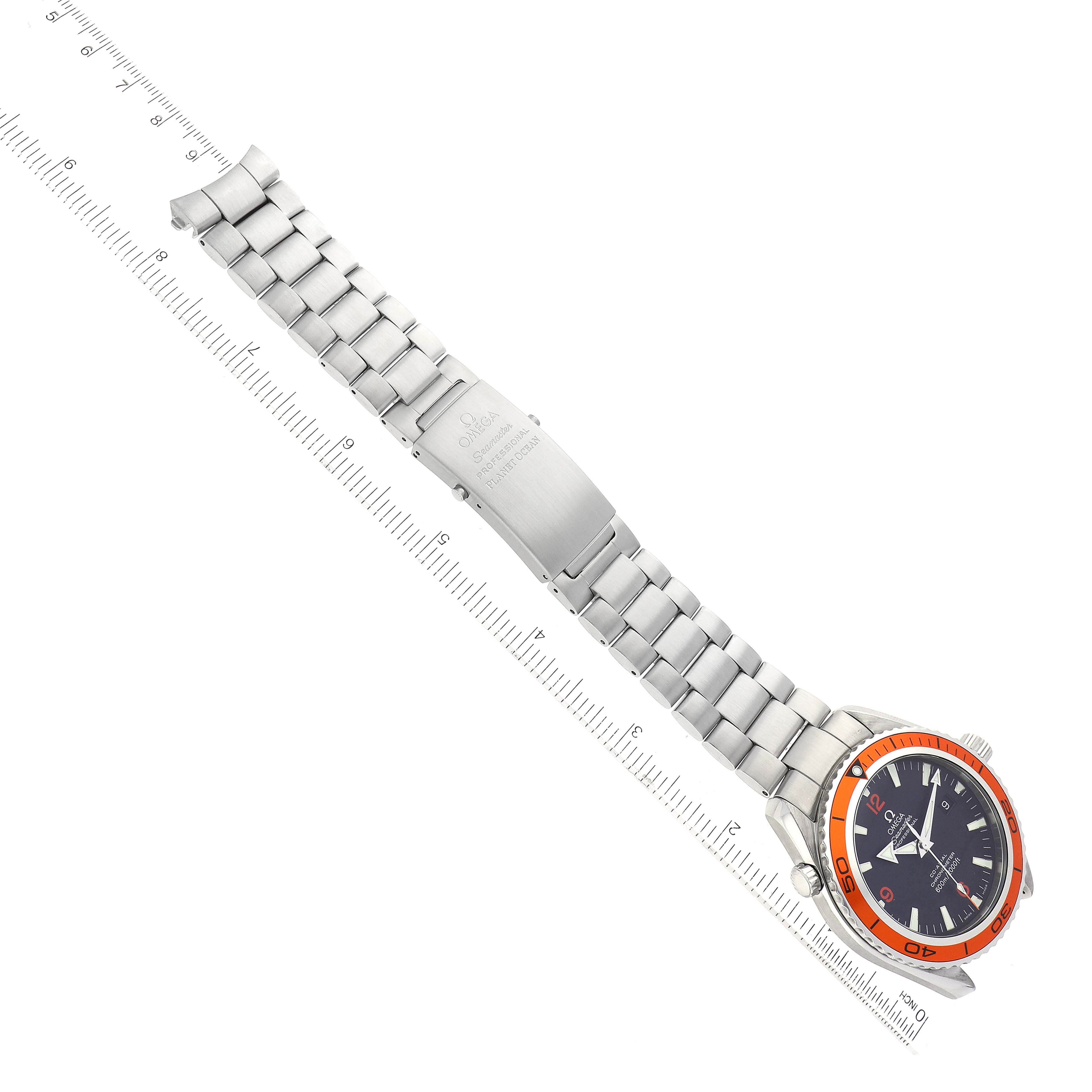 The image shows an Omega Planet Ocean 2208.50.00 Men
s Stainless Steel Black Dial 2208.50.00 Men
s Stainless Steel Black Dial watch at an angle, featuring the watch face, bezel, bracelet, and clasp.