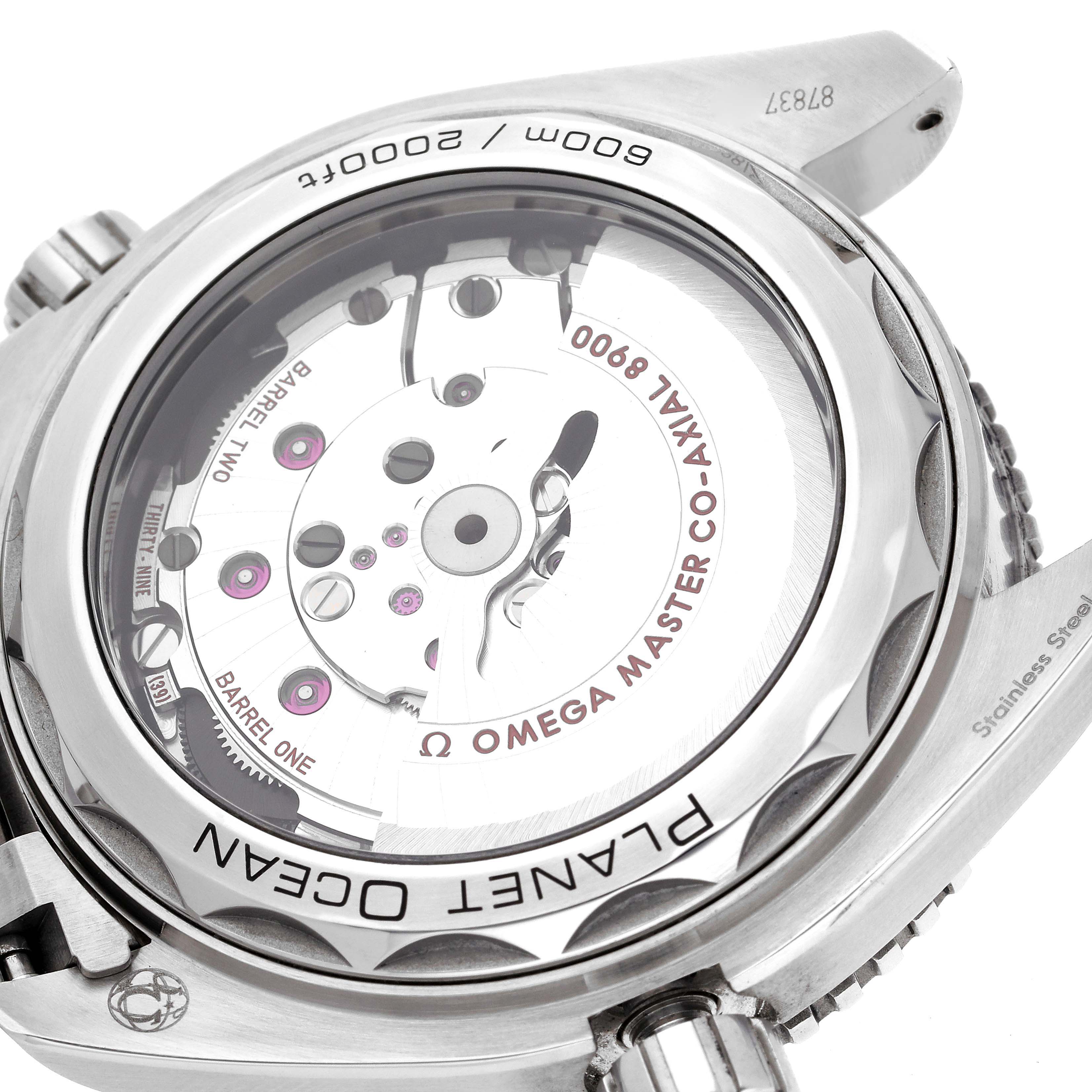 The image shows the back view of the Omega Planet Ocean 215.30.44.21.01.001 Men
s Stainless Steel Black Dial 215.30.44.21.01.001 Men
s Stainless Steel Black Dial watch, showcasing its transparent case back and internal movement.