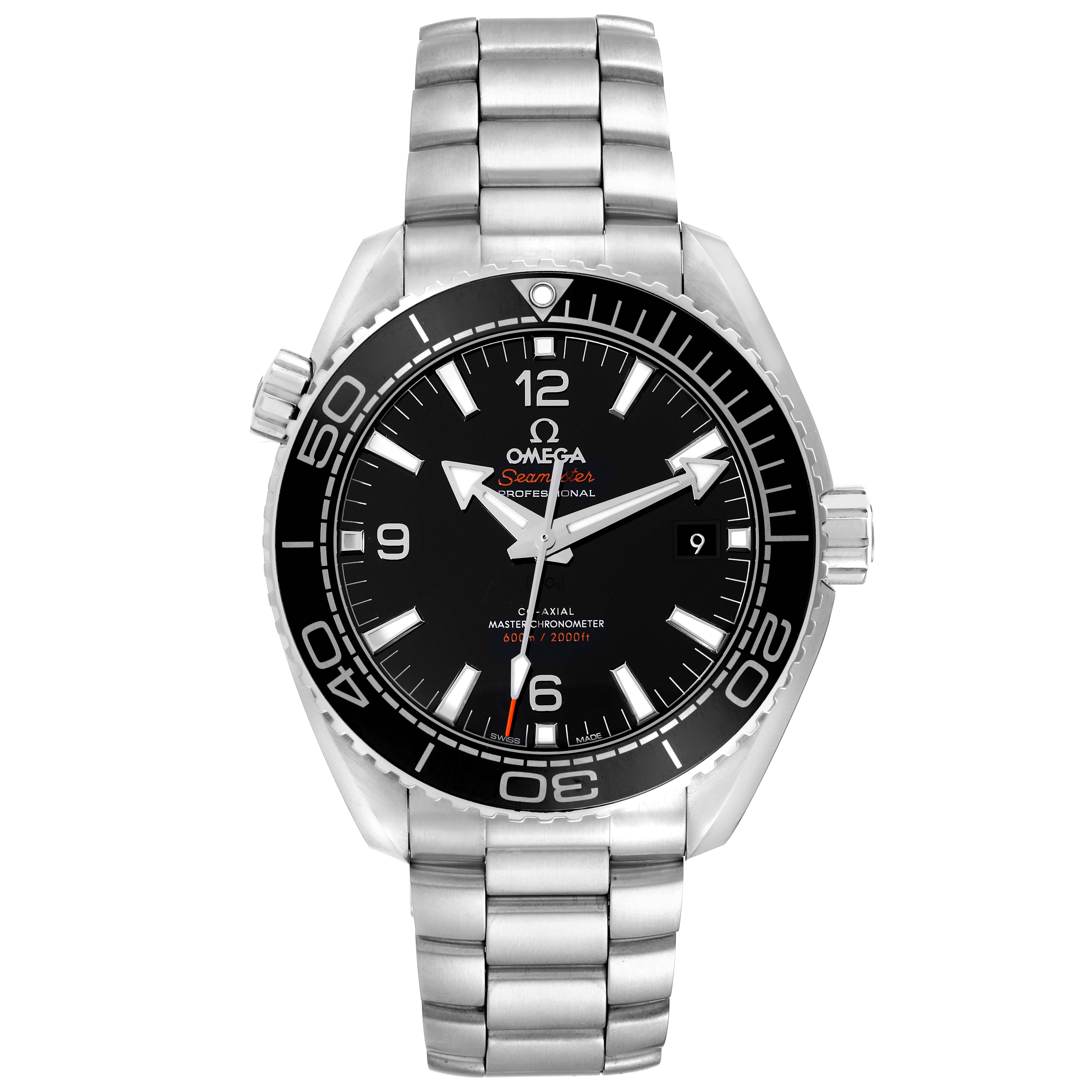 This is an Omega Seamaster Planet Ocean watch viewed from the front, showing the dial, bracelet, and bezel.