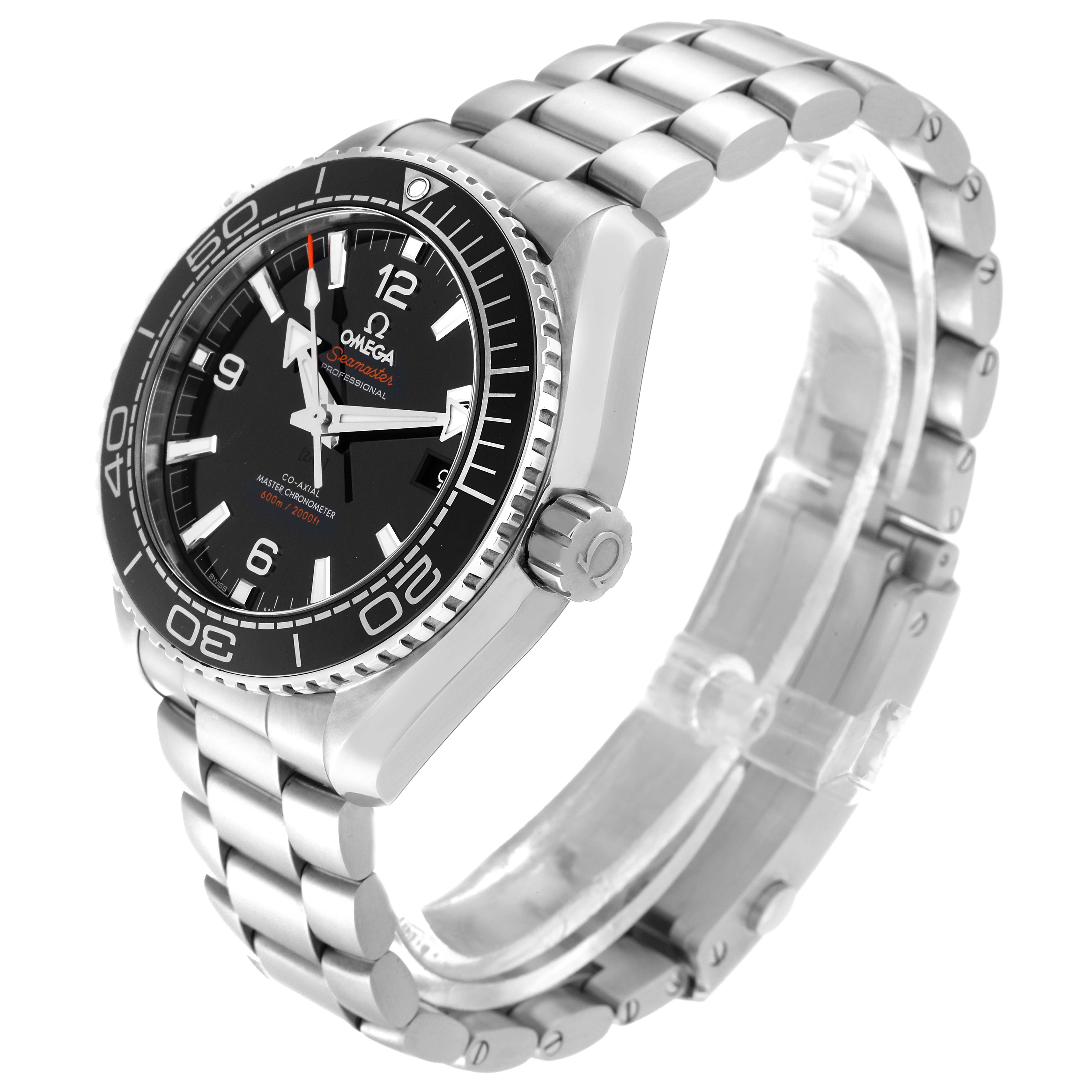 The Omega Planet Ocean 215.30.44.21.01.001 Men
s Stainless Steel Black Dial 215.30.44.21.01.001 Men
s Stainless Steel Black Dial watch is shown at an angled view, displaying the face, bezel, crown, and bracelet.