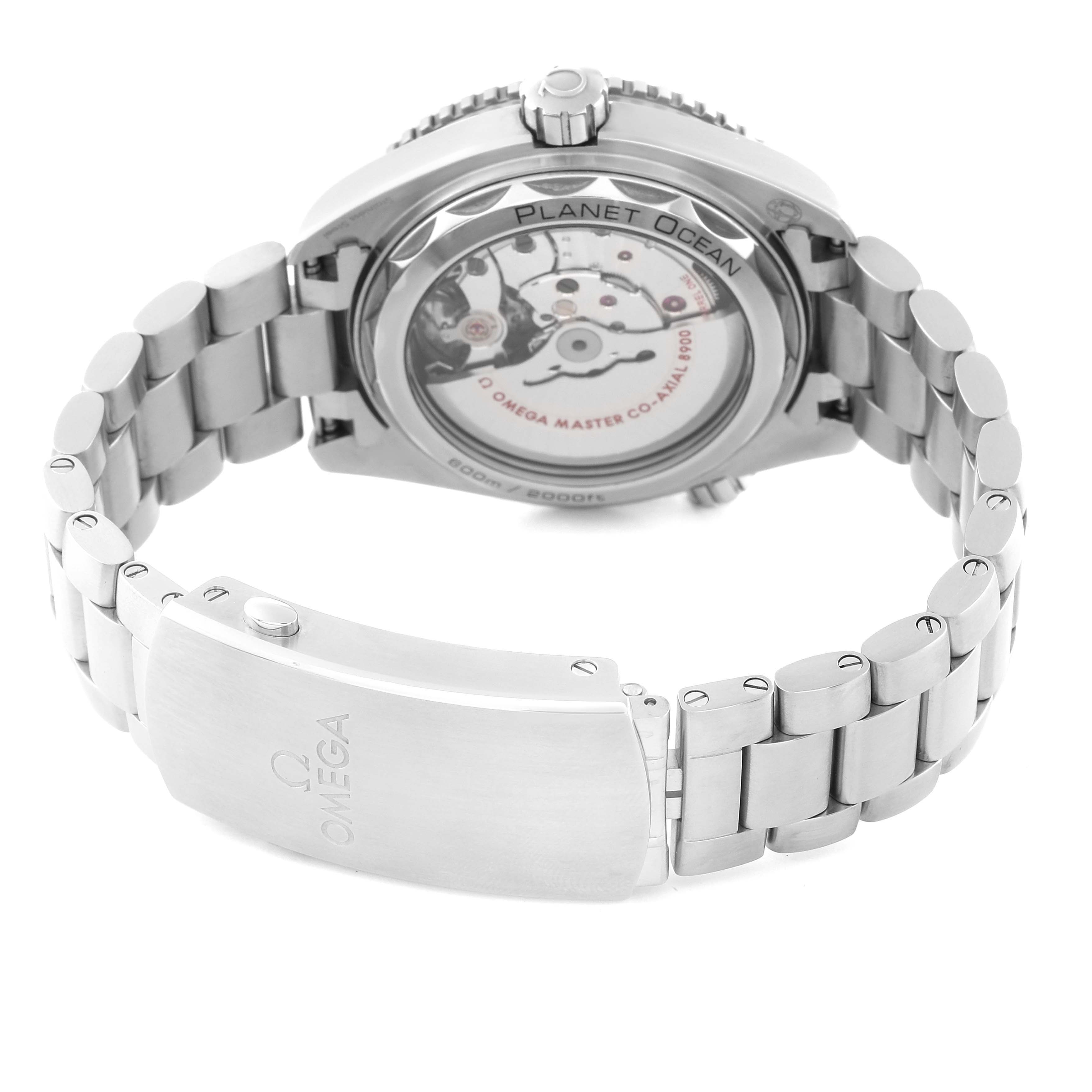 The image shows the back case, bracelet, and clasp of an Omega Planet Ocean 215.30.44.21.01.001 Men
s Stainless Steel Black Dial 215.30.44.21.01.001 Men
s Stainless Steel Black Dial watch at a slightly angled view.