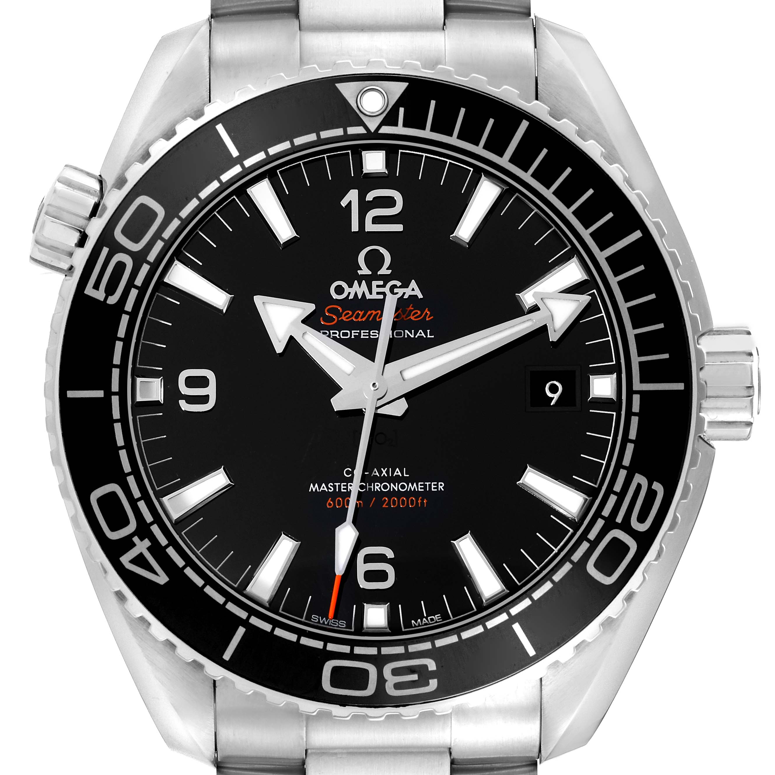 This is a front view of the Omega Seamaster Planet Ocean showing the dial, bezel, and stainless steel bracelet.