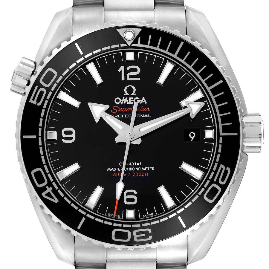 This is a front view of the Omega Seamaster Planet Ocean showing the dial, bezel, and stainless steel bracelet.