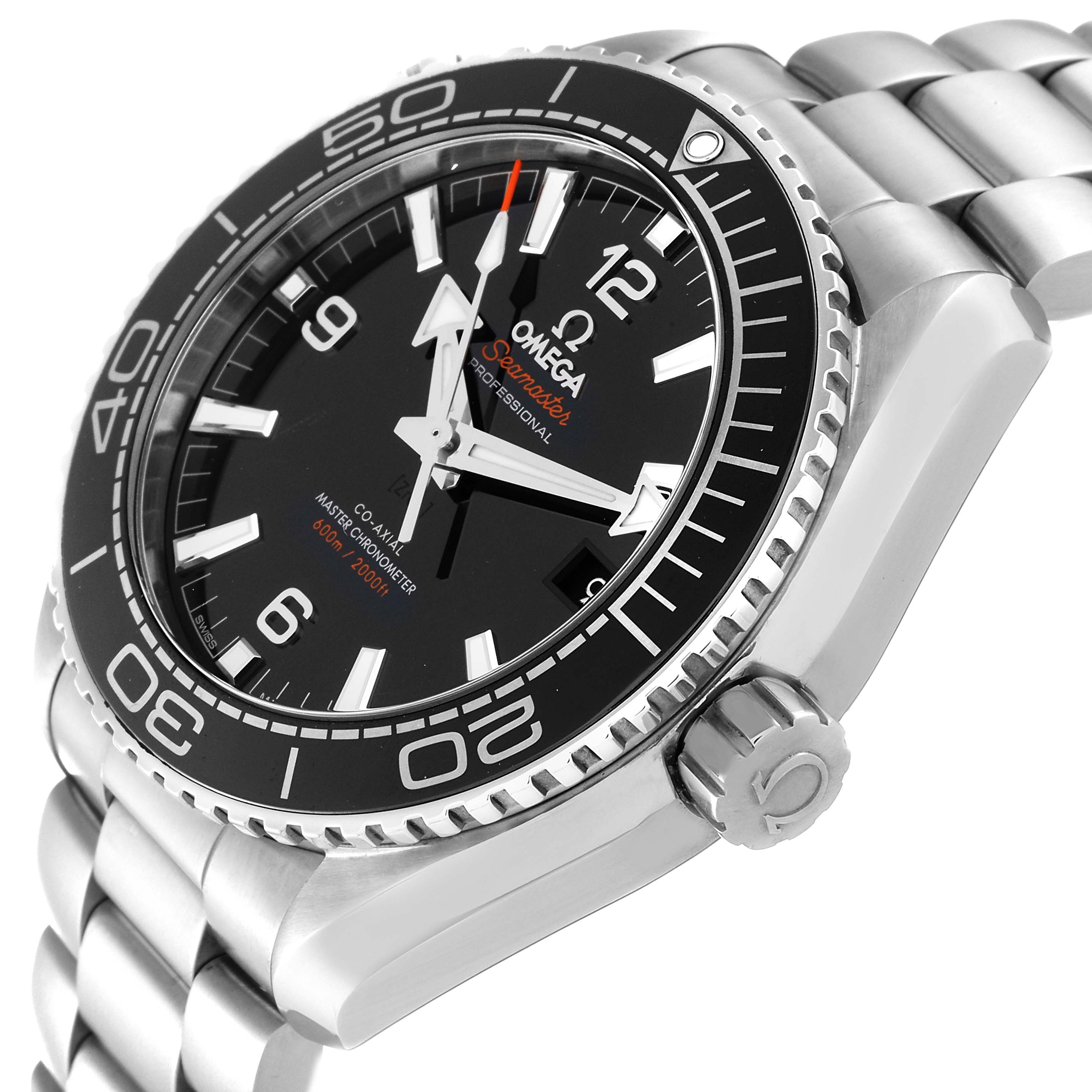 The image shows a close-up angled view of the Omega Planet Ocean 215.30.44.21.01.001 Men
s Stainless Steel Black Dial 215.30.44.21.01.001 Men
s Stainless Steel Black Dial watch, highlighting the bezel, face, and crown.