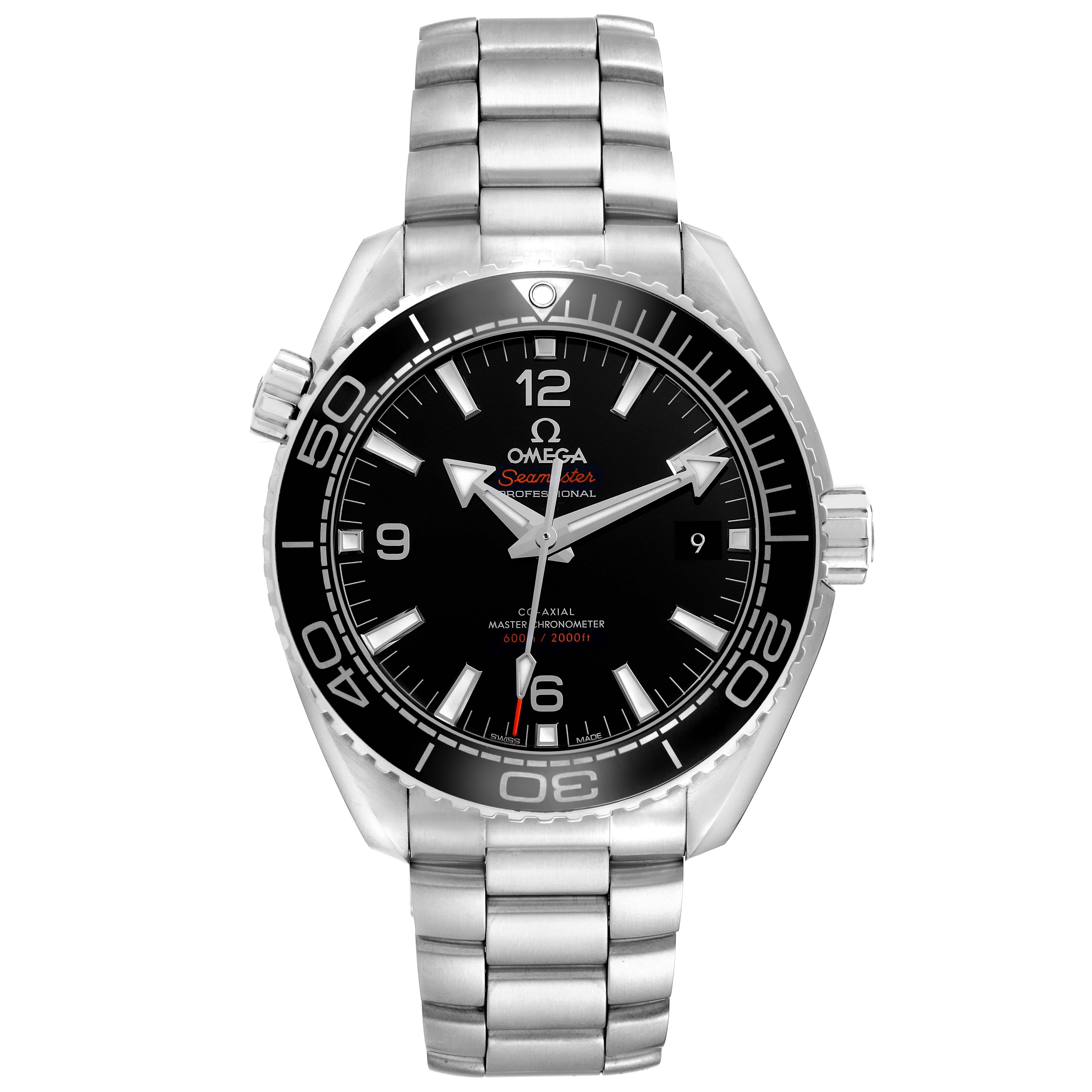 The Omega Planet Ocean 215.30.44.21.01.001 Men
s Stainless Steel Black Dial 215.30.44.21.01.001 Men
s Stainless Steel Black Dial model is shown from a front view, displaying the dial, bezel, and bracelet.