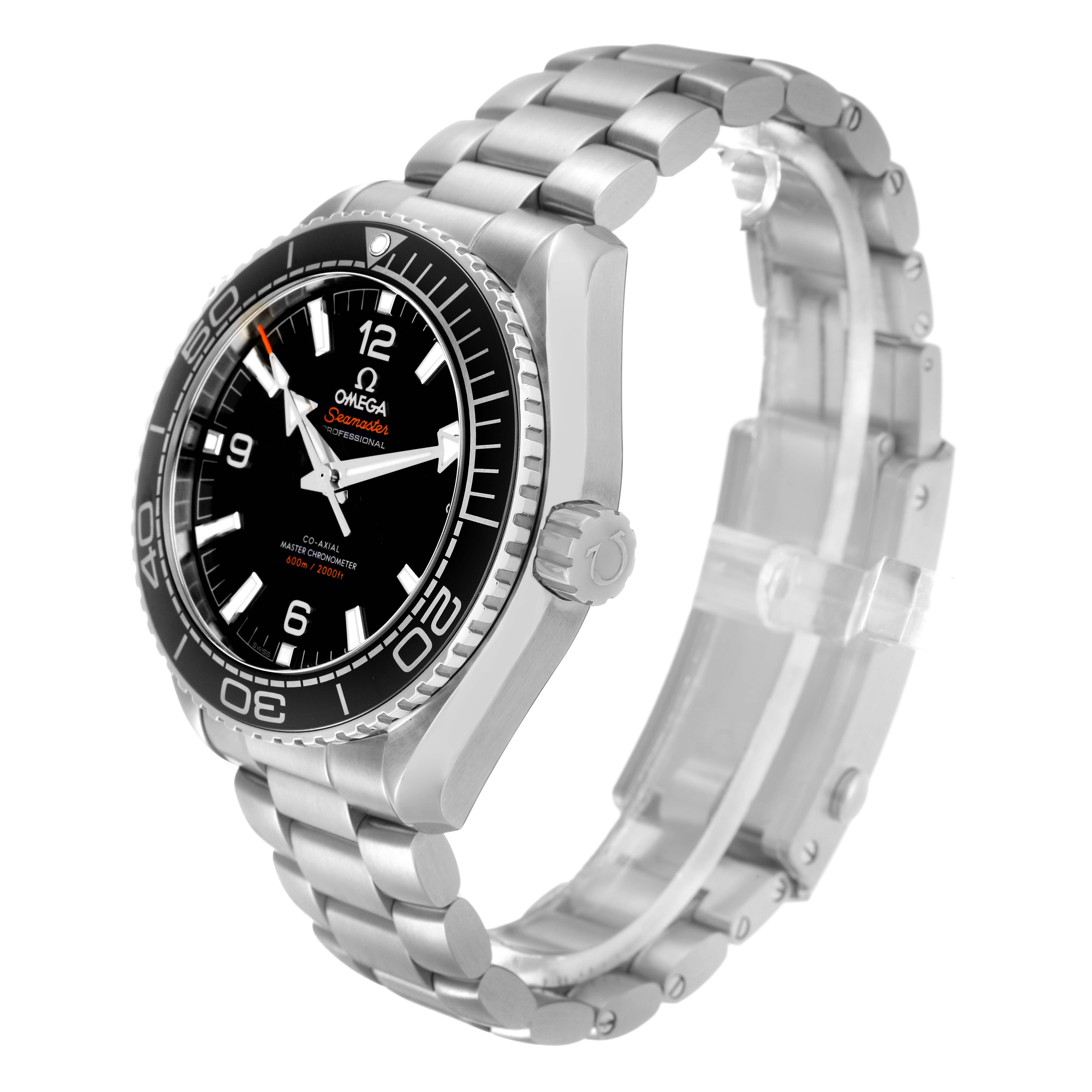 The Omega Planet Ocean 215.30.44.21.01.001 Men
s Stainless Steel Black Dial 215.30.44.21.01.001 Men
s Stainless Steel Black Dial watch is shown at a three-quarter angle, highlighting its face, bezel, crown, and bracelet.