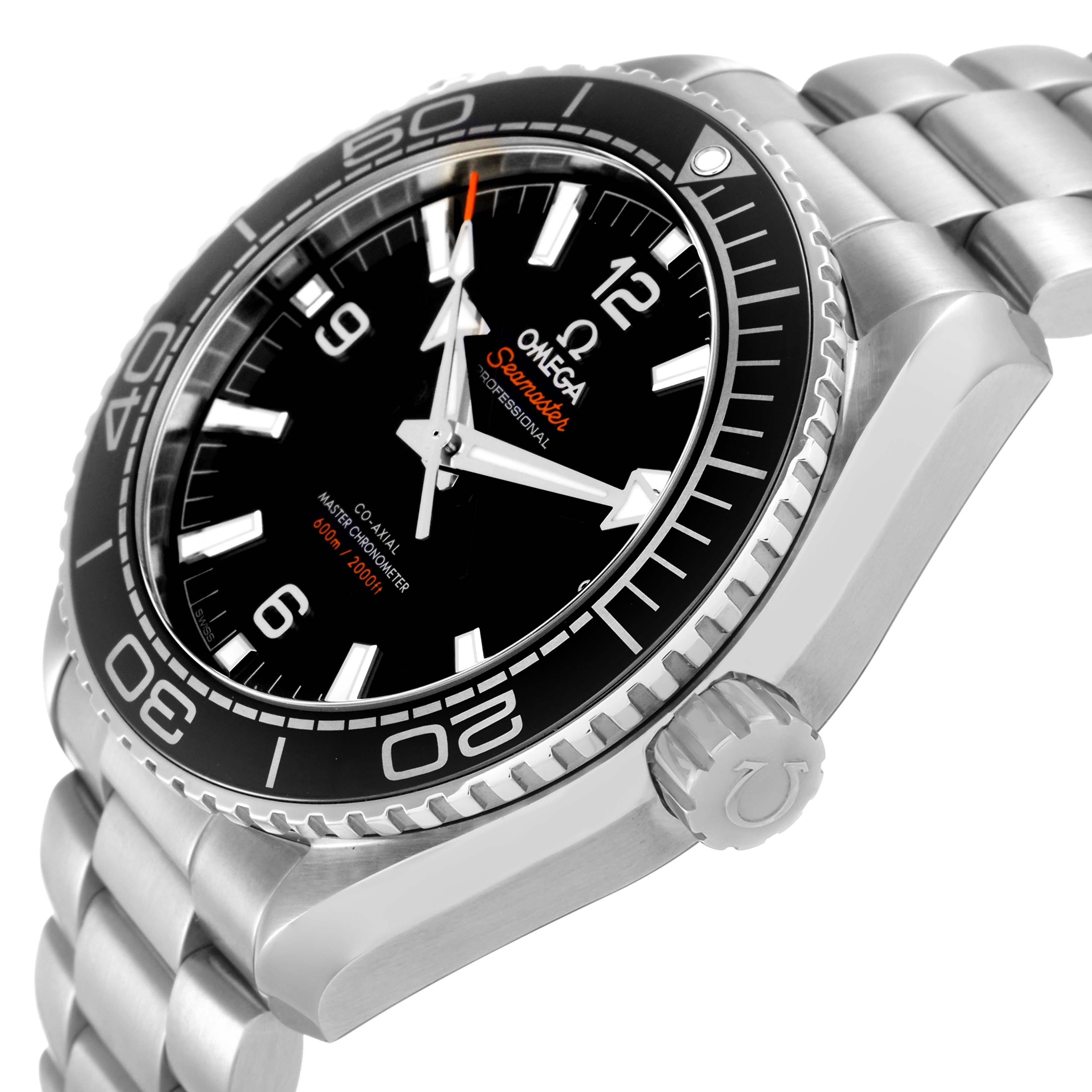 The Omega Planet Ocean 215.30.44.21.01.001 Men
s Stainless Steel Black Dial 215.30.44.21.01.001 Men
s Stainless Steel Black Dial watch is shown from a side angle highlighting the bezel, dial, crown, and bracelet.