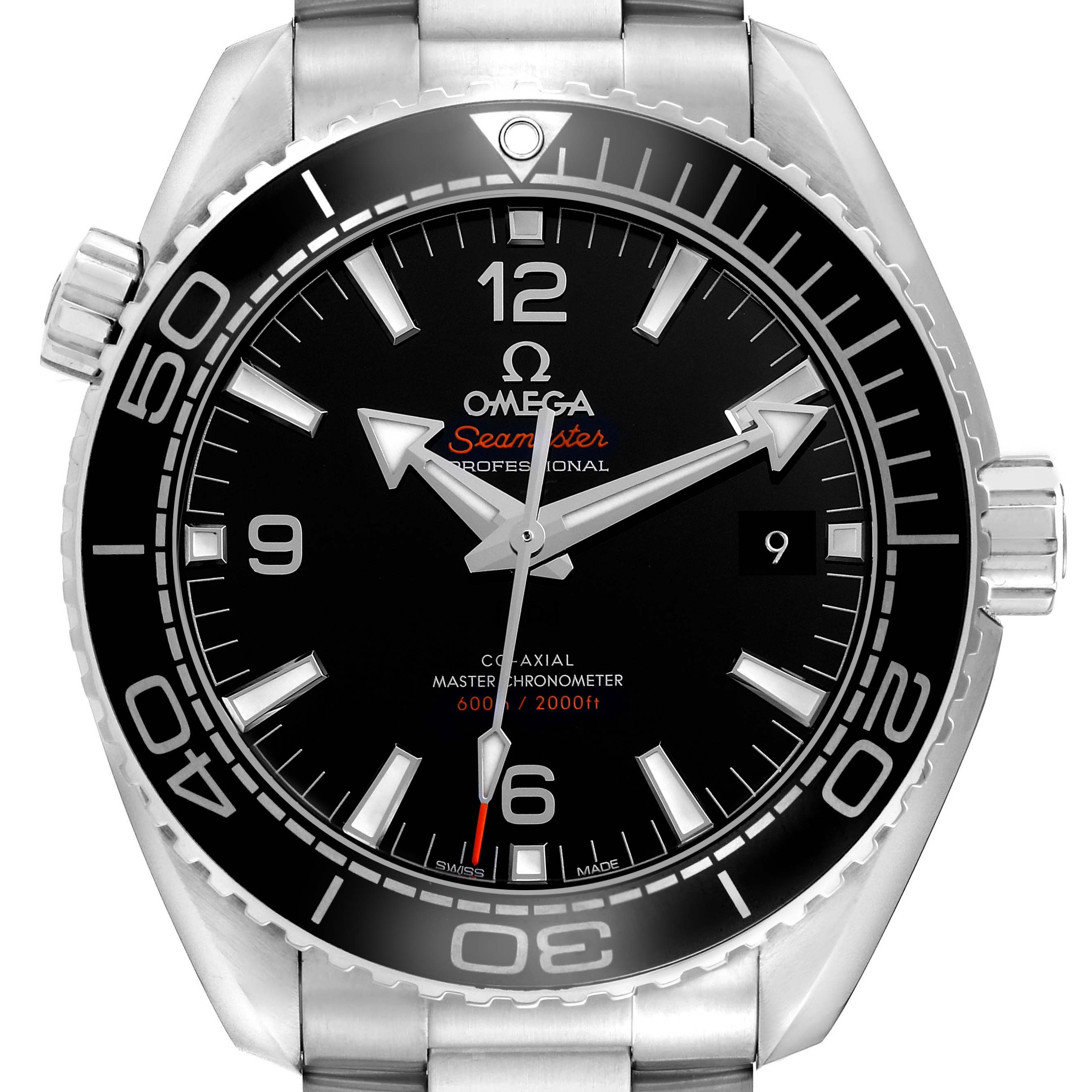 The image shows a front view of the Omega Seamaster Planet Ocean watch, highlighting the bezel, dial, hands, and crown.