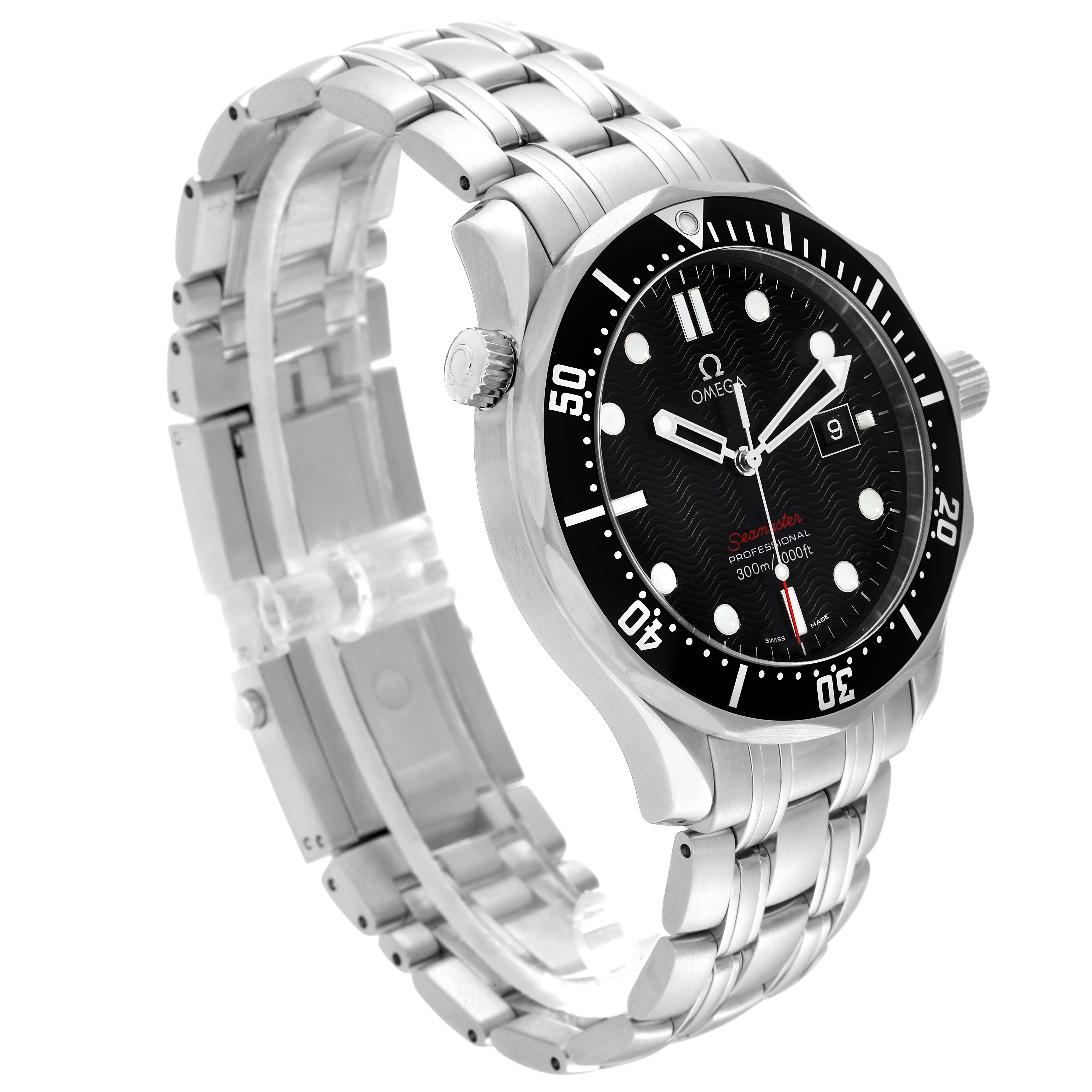 The Omega Seamaster 212.30.41.61.01.001 Men
s Stainless Steel Black Dial 212.30.41.61.01.001 Men
s Stainless Steel Black Dial watch is shown at a slight side angle, displaying the bezel, case, bracelet, and crown.