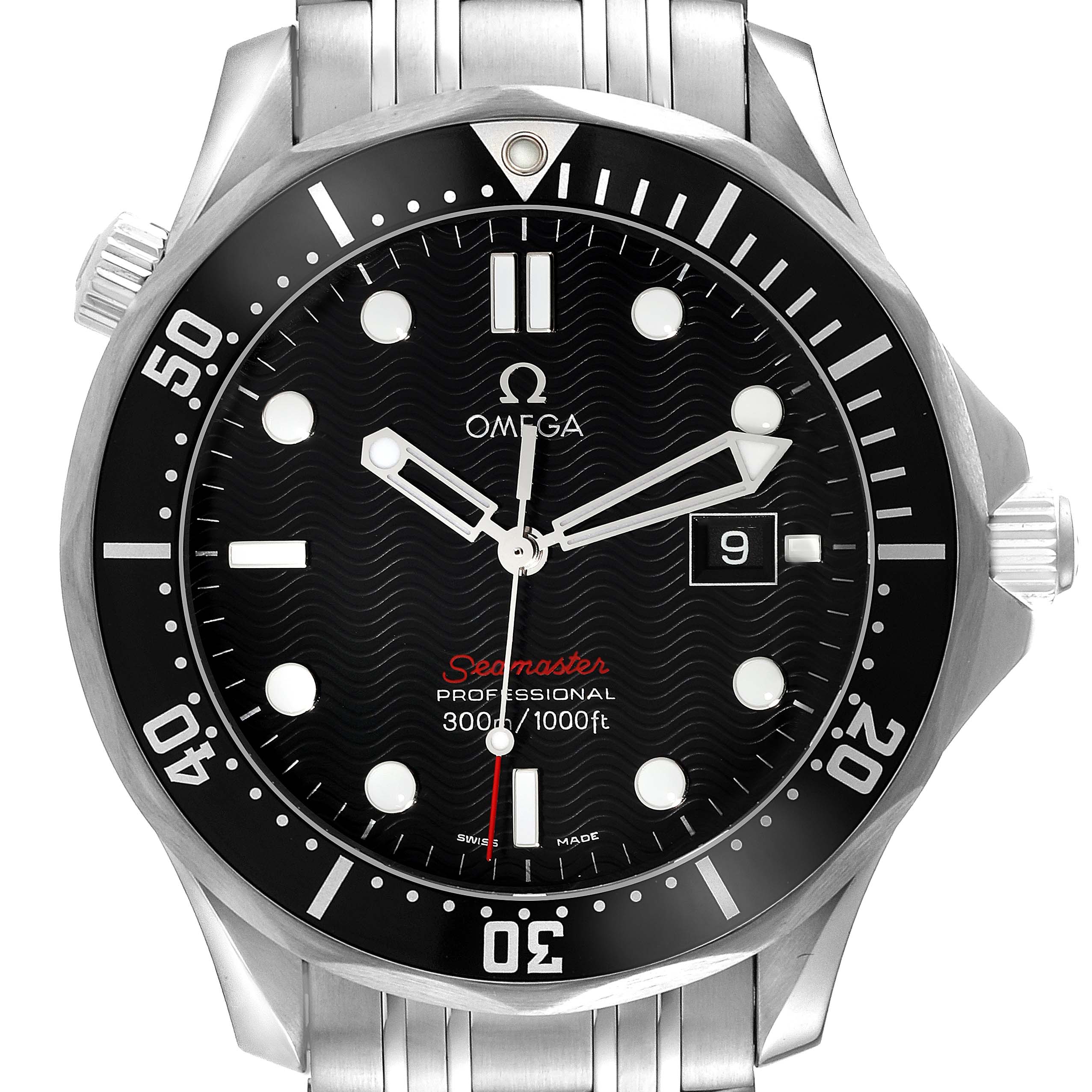 The image shows the front view of an Omega Seamaster 212.30.41.61.01.001 Men
s Stainless Steel Black Dial 212.30.41.61.01.001 Men
s Stainless Steel Black Dial watch, displaying the dial, bezel, hands, crown, and part of the bracelet.