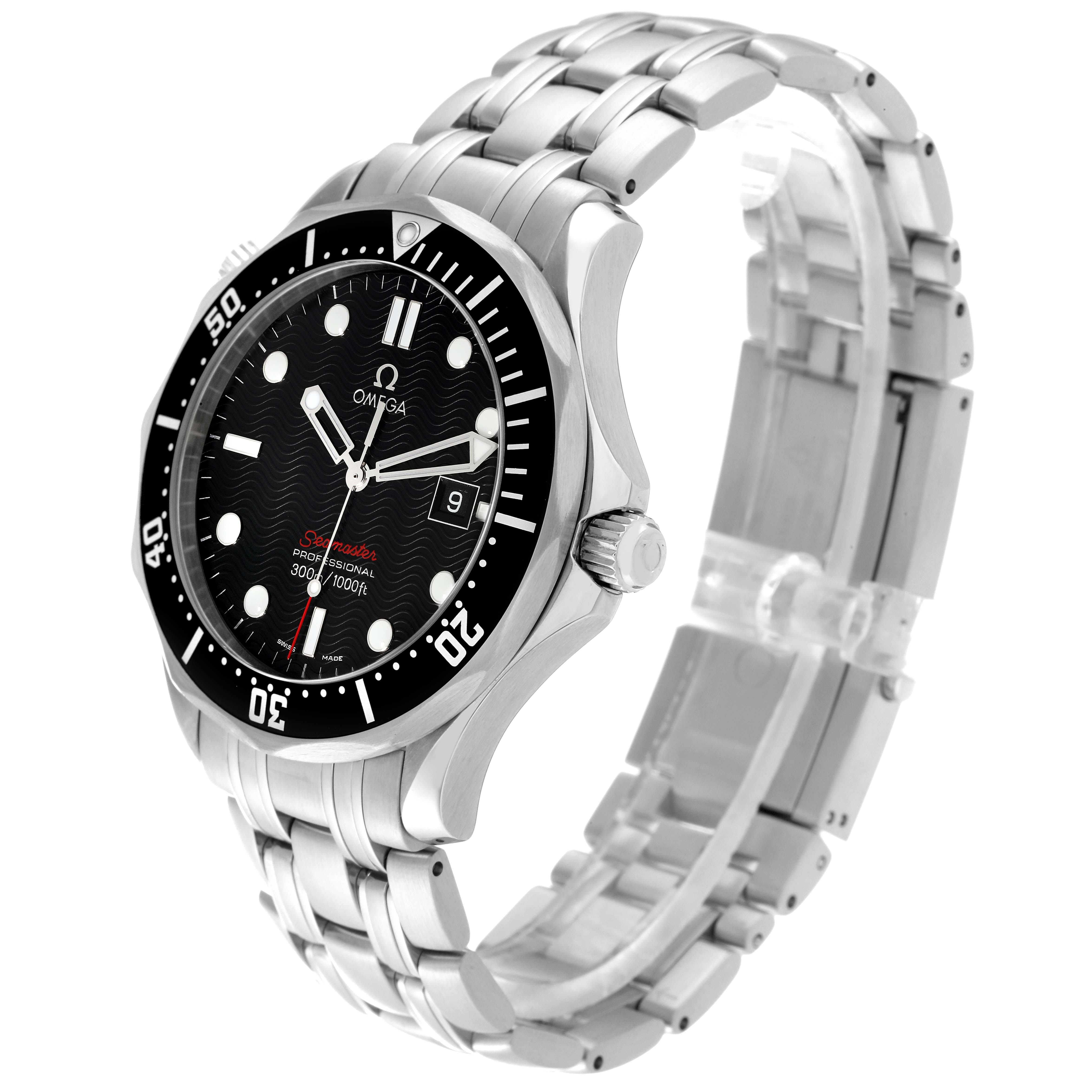 The Omega Seamaster 212.30.41.61.01.001 Men
s Stainless Steel Black Dial 212.30.41.61.01.001 Men
s Stainless Steel Black Dial watch is shown at an angled front view, displaying the face, bezel, crown, and metal bracelet.