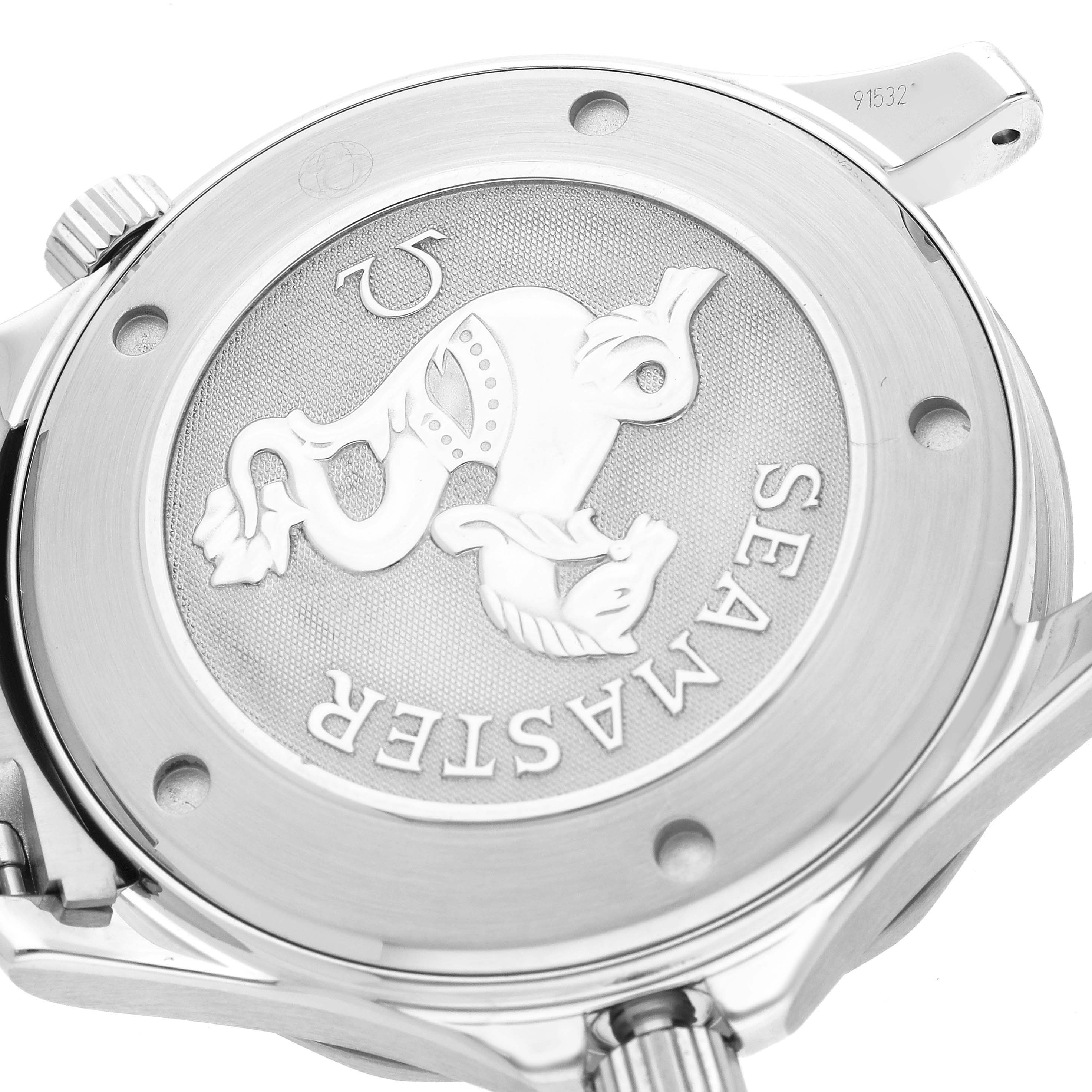 The image shows the back case of an Omega Seamaster 212.30.41.61.01.001 Men
s Stainless Steel Black Dial 212.30.41.61.01.001 Men
s Stainless Steel Black Dial watch with its emblem and branding.