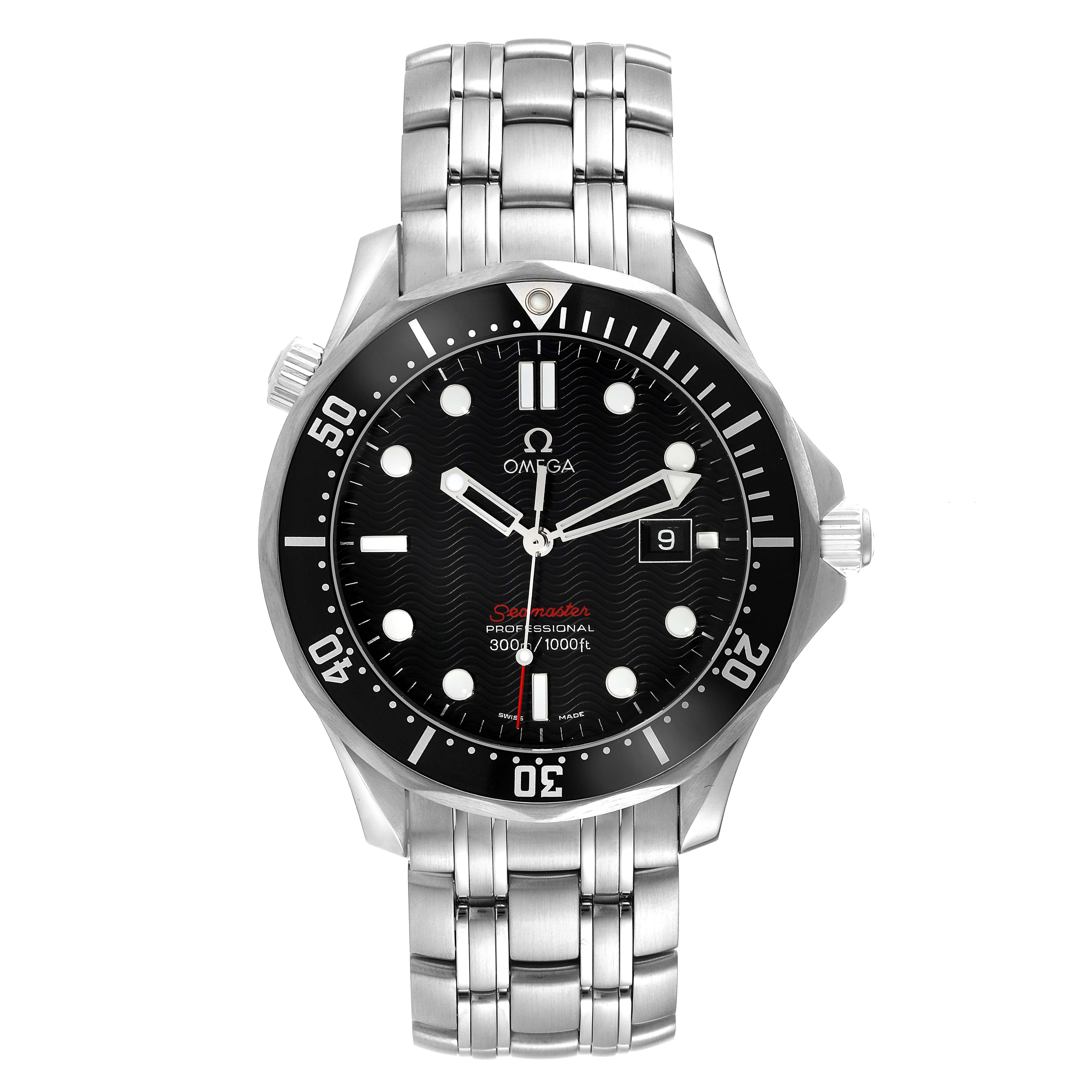 The image shows a front view of an Omega Seamaster 212.30.41.61.01.001 Men
s Stainless Steel Black Dial 212.30.41.61.01.001 Men
s Stainless Steel Black Dial watch, displaying its face, bezel, dial, hands, and bracelet.