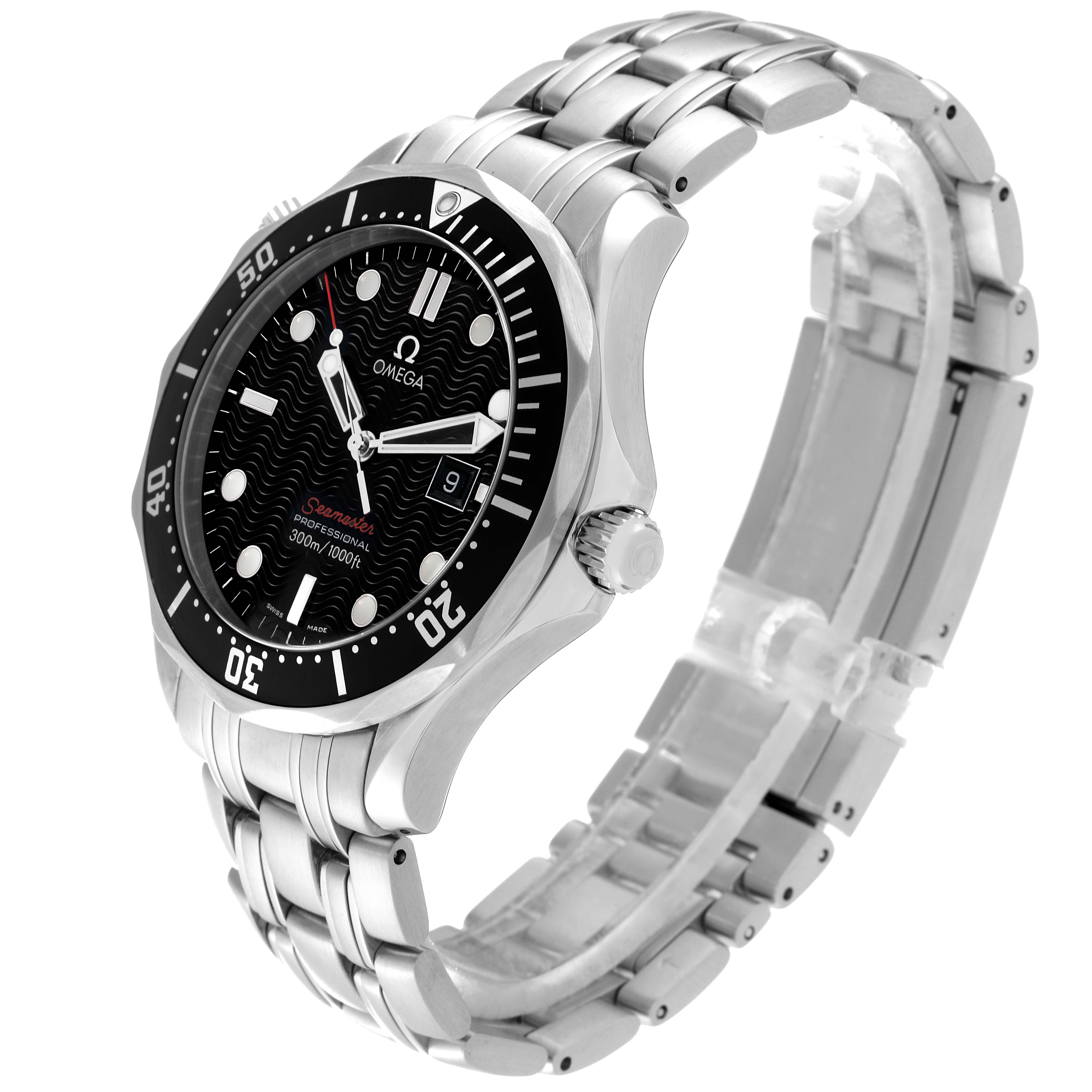 This image shows an angled view of the Omega Seamaster 212.30.41.61.01.001 Men's Stainless Steel Black Dial 212.30.41.61.01.001 Men's Stainless Steel Black Dial watch, highlighting the face, bezel, crown, and stainless steel bracelet.