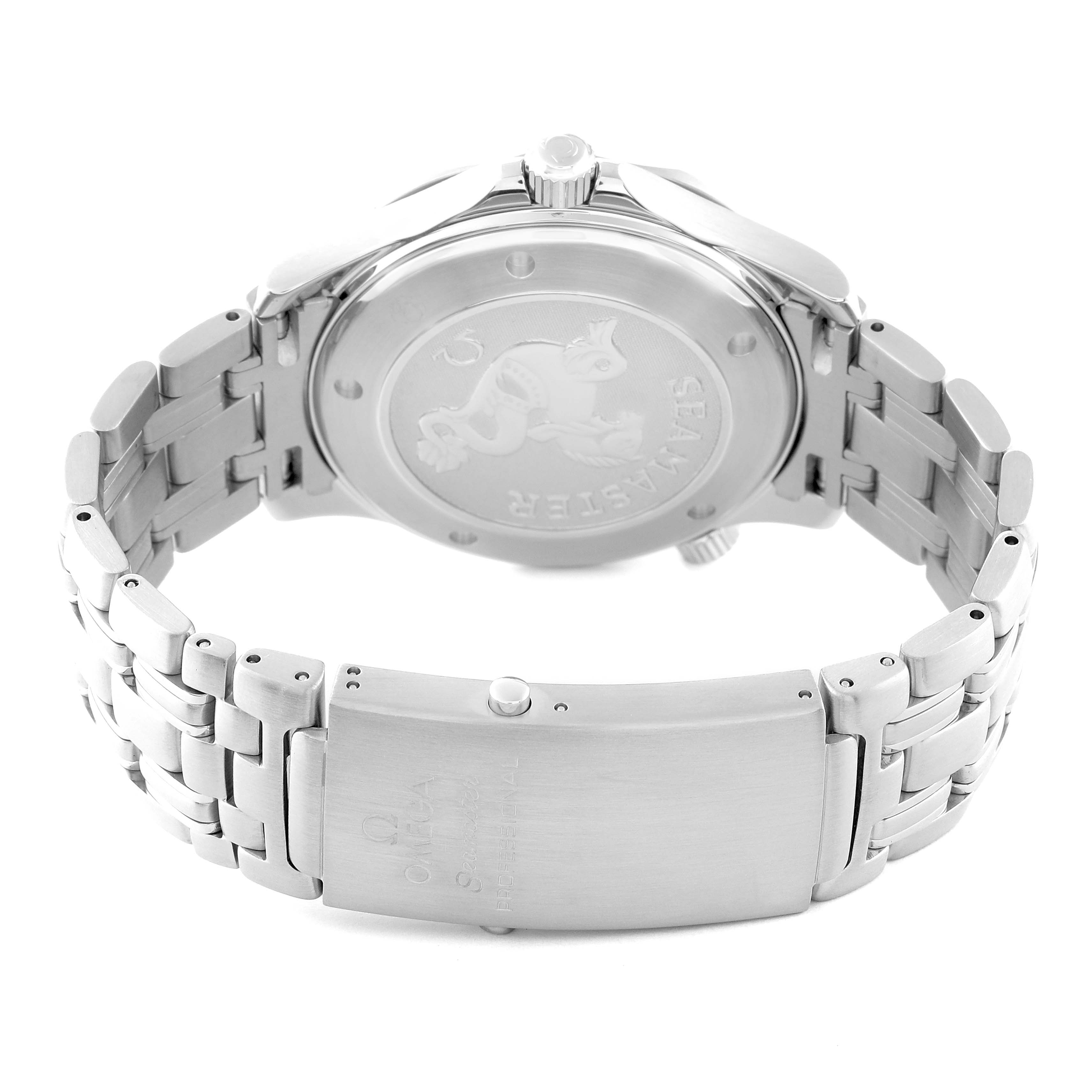 The image shows the back and bracelet of the Omega Seamaster 212.30.41.61.01.001 Men's Stainless Steel Black Dial 212.30.41.61.01.001 Men's Stainless Steel Black Dial watch, featuring the case back and the clasp.