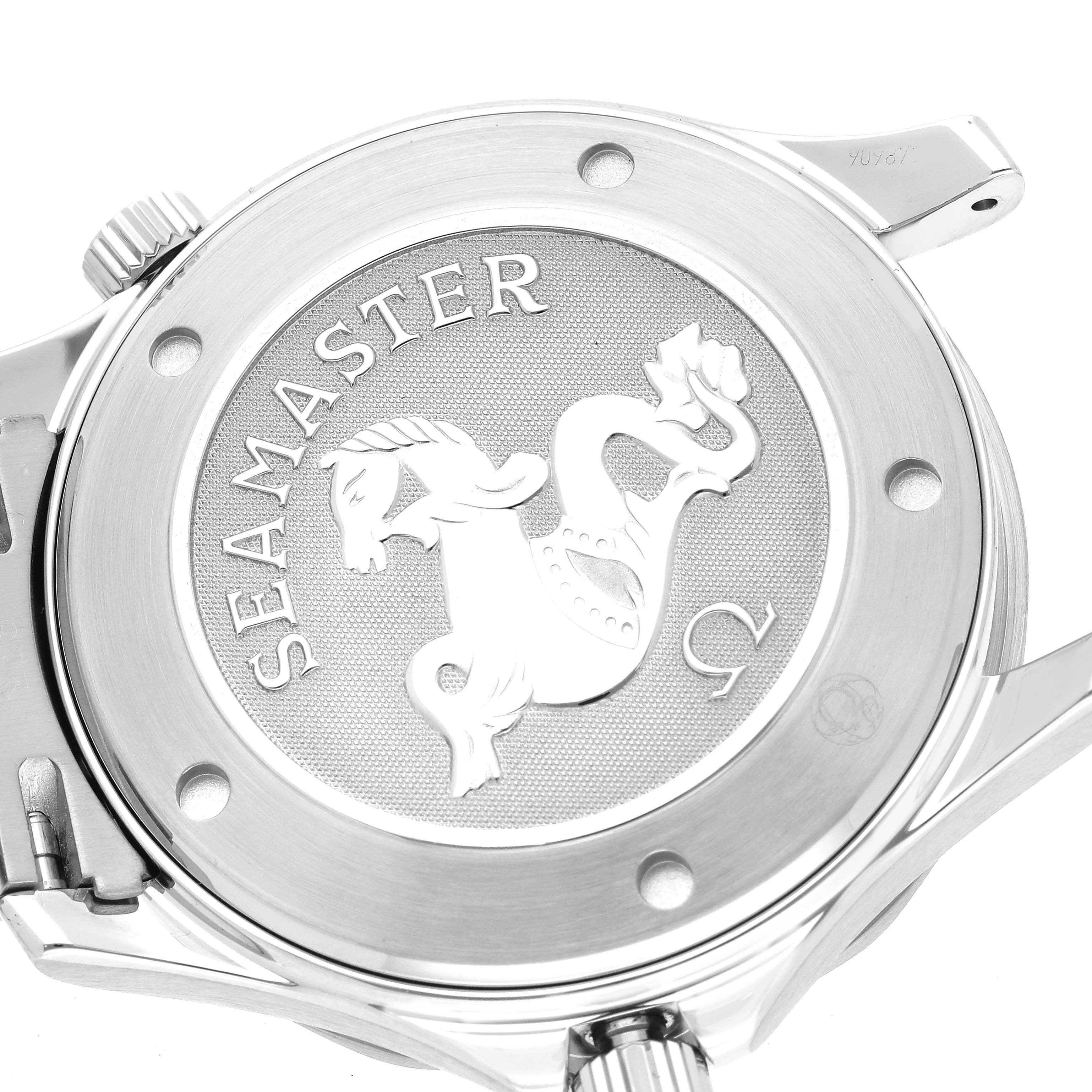 This image shows the case back of an Omega Seamaster 212.30.41.61.01.001 Men's Stainless Steel Black Dial 212.30.41.61.01.001 Men's Stainless Steel Black Dial watch with its distinctive engraved logo.