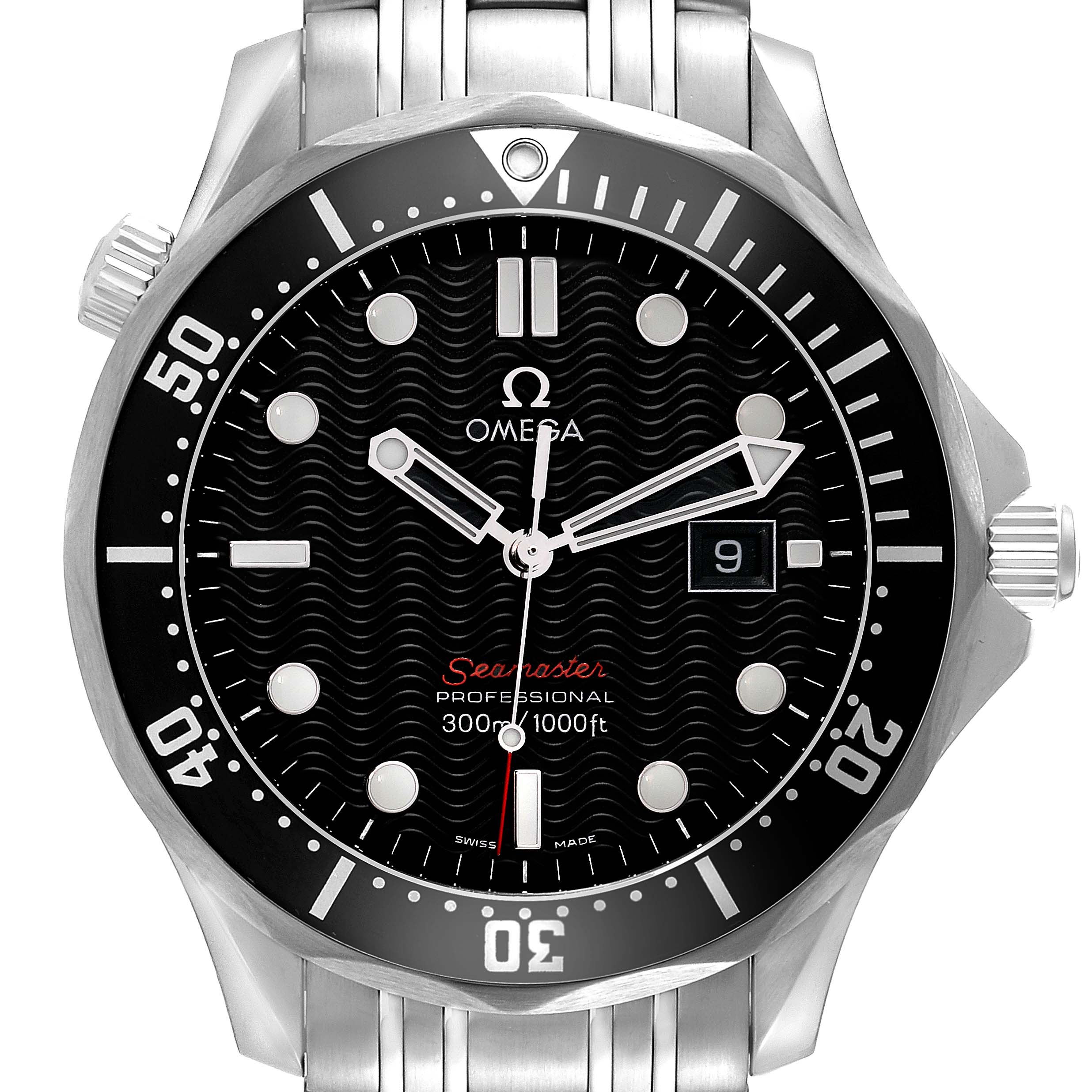 The Omega Seamaster 212.30.41.61.01.001 Men's Stainless Steel Black Dial 212.30.41.61.01.001 Men's Stainless Steel Black Dial watch is shown from a front angle, highlighting its dial, bezel, hands, and bracelet.