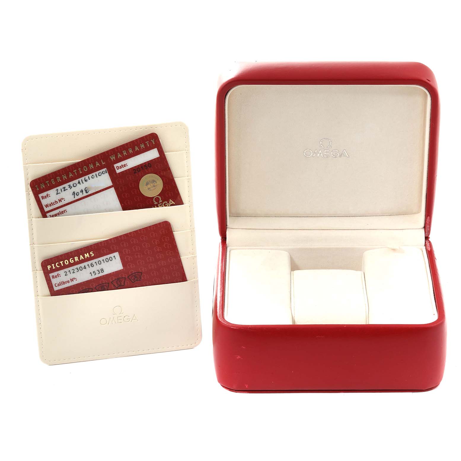 The image shows an Omega Seamaster 212.30.41.61.01.001 Men's Stainless Steel Black Dial 212.30.41.61.01.001 Men's Stainless Steel Black Dial watch box and accompanying warranty cards in a cardholder.