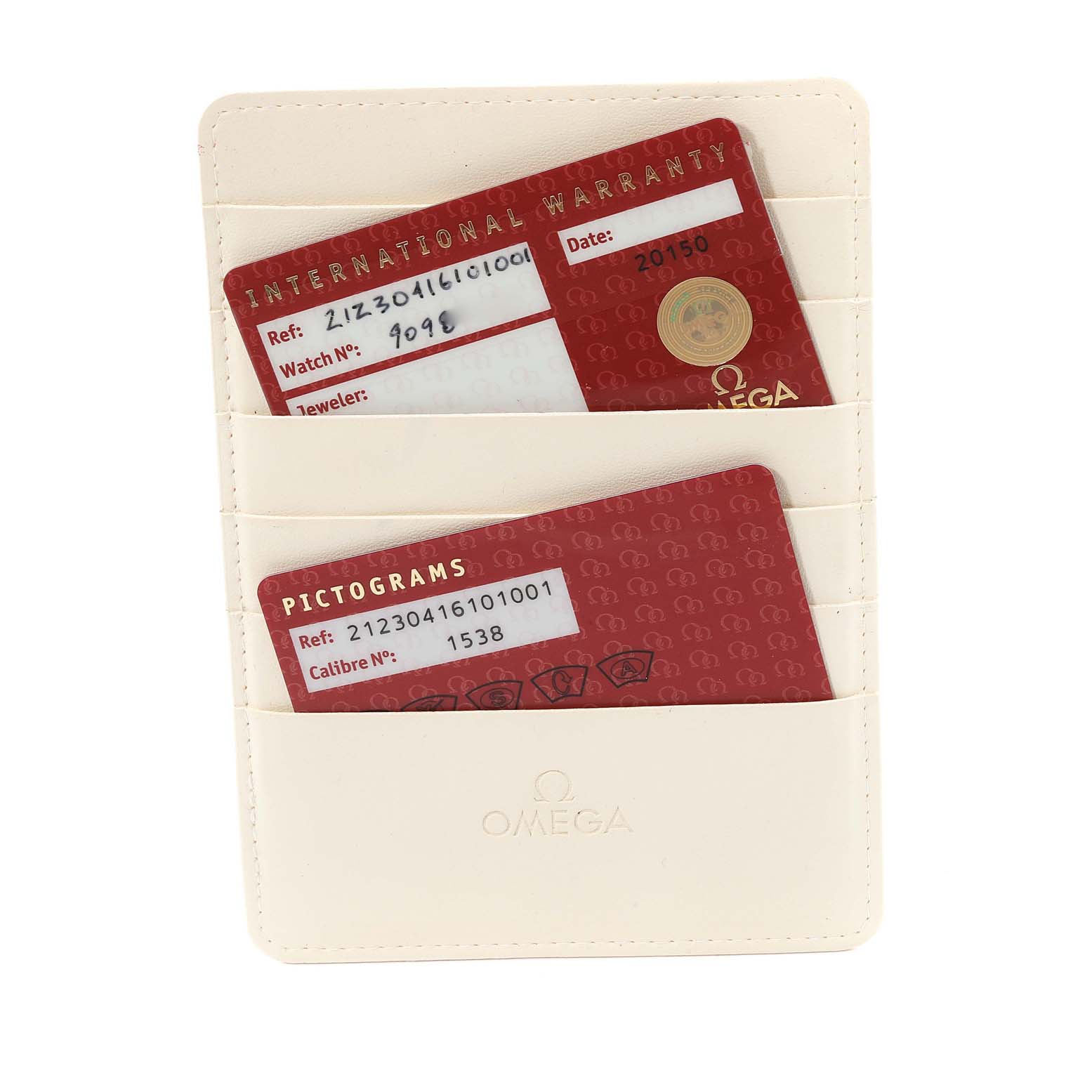 The image shows Omega Seamaster 212.30.41.61.01.001 Men's Stainless Steel Black Dial 212.30.41.61.01.001 Men's Stainless Steel Black Dial model warranty and pictogram cards stored in a cream-colored cardholder.