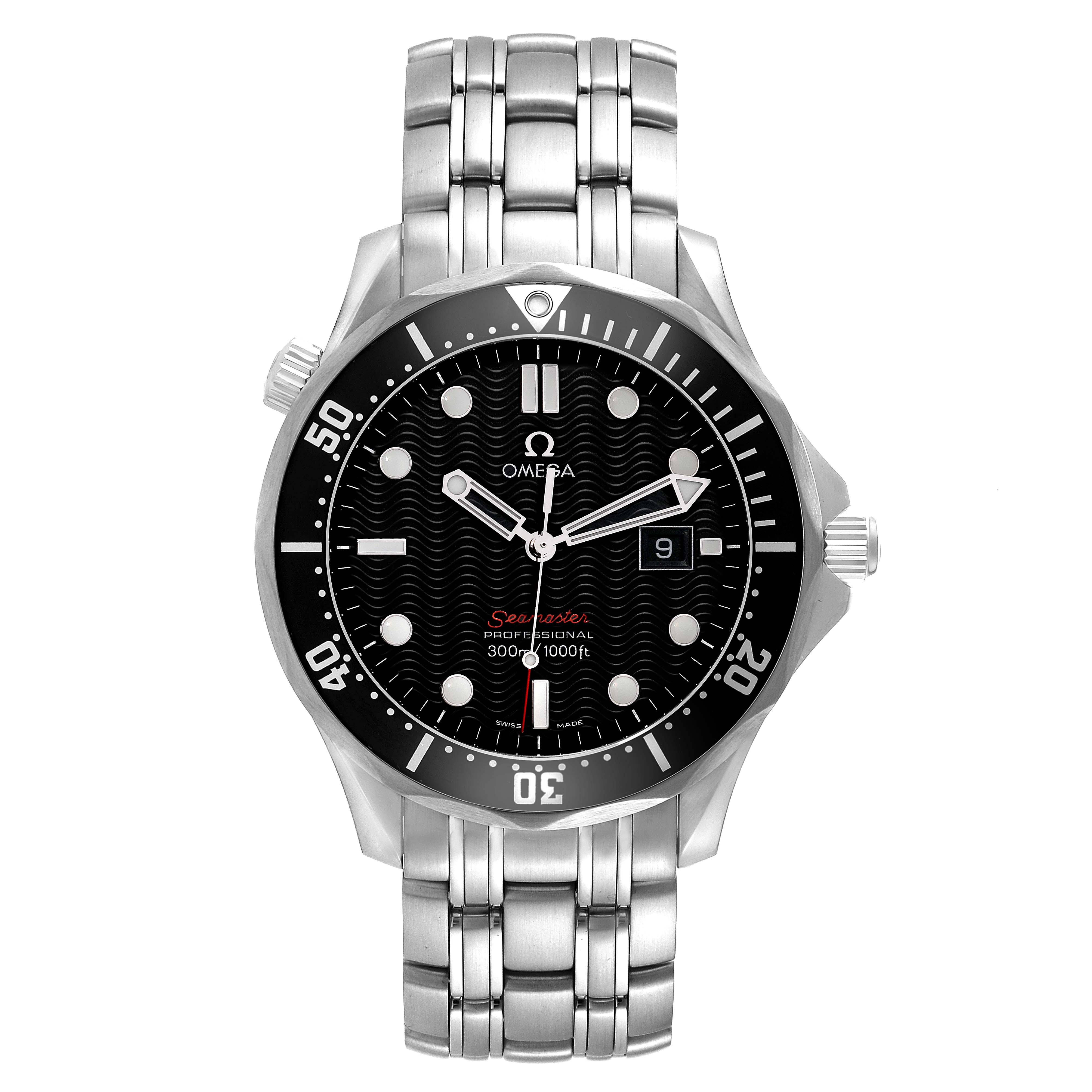 This image shows a front view of the Omega Seamaster 212.30.41.61.01.001 Men's Stainless Steel Black Dial 212.30.41.61.01.001 Men's Stainless Steel Black Dial watch, featuring its dial, bezel, and metal bracelet.
